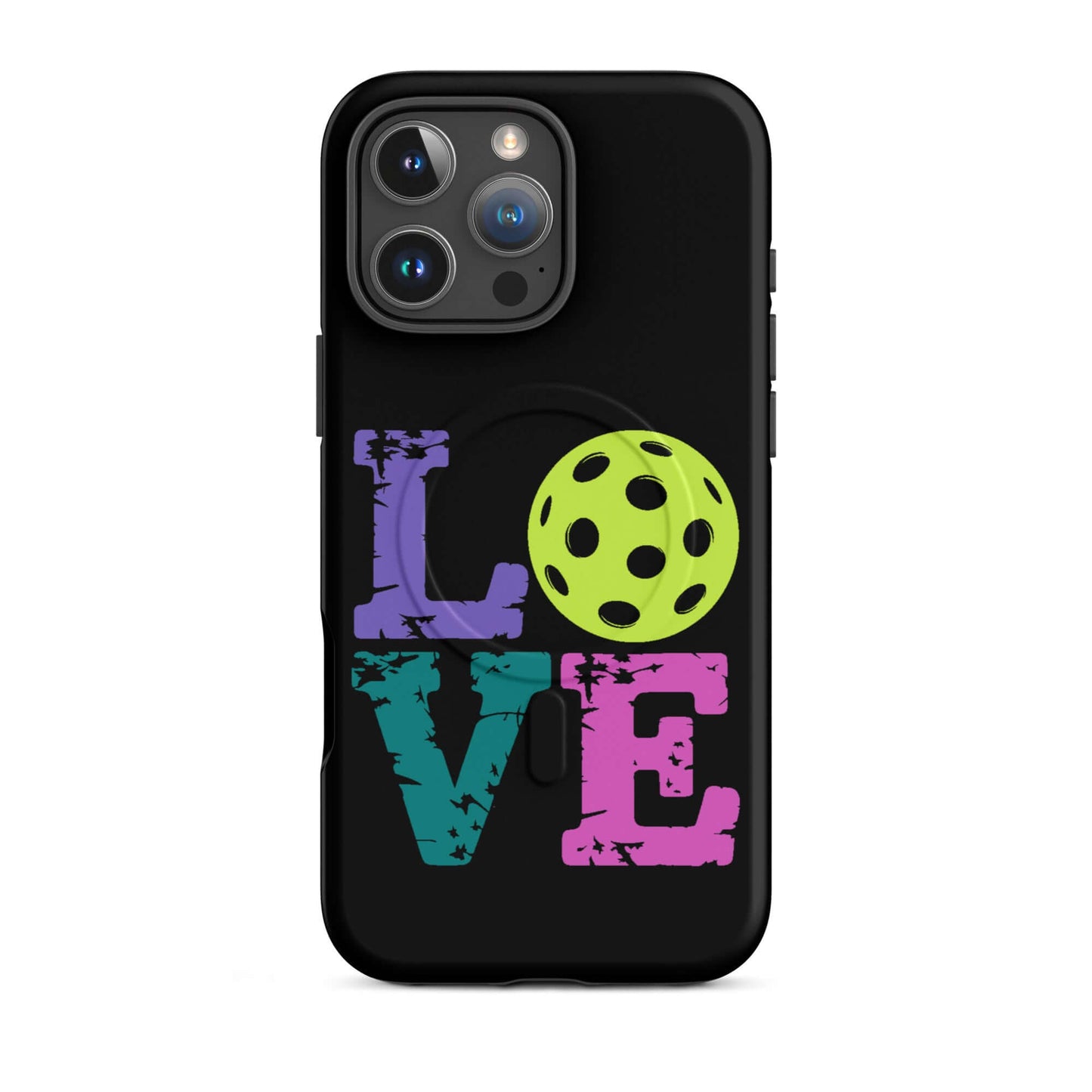 LOVE Pickleball MagSafe Tough Case for iPhone with colorful lettering and pickleball design.