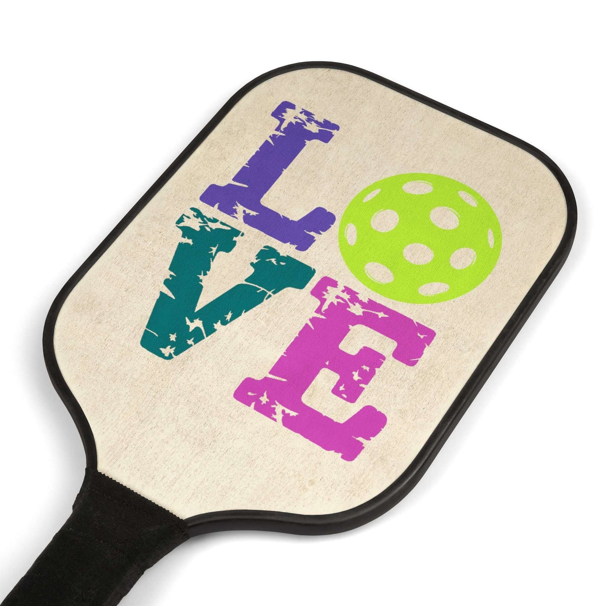 LOVE Pickleball Paddle featuring vibrant colors and a ball graphic, perfect for passionate players.