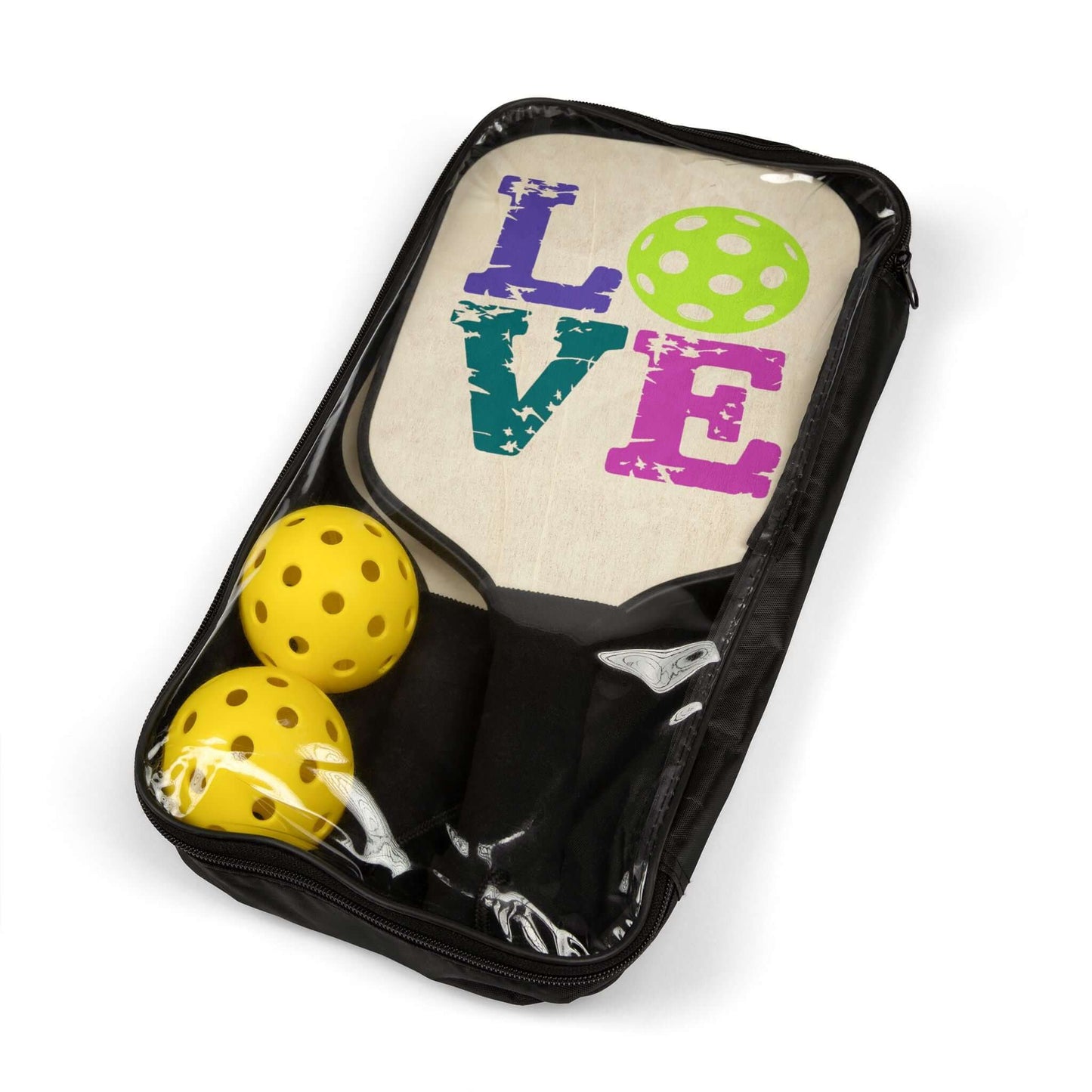 LOVE Pickleball Paddles set with yellow balls in a clear pouch, showcasing style and performance for players.