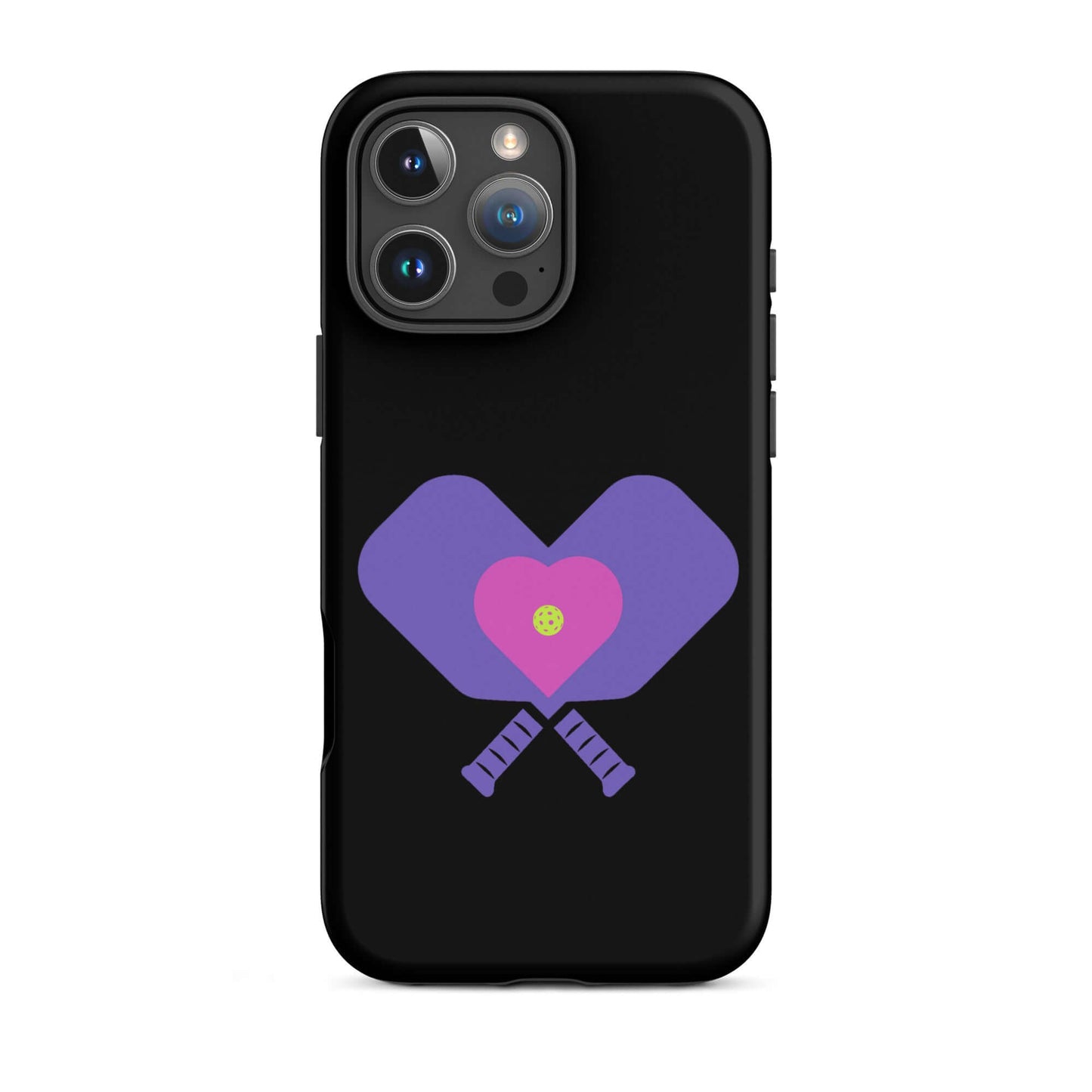 LOVE Pickleball Tough Case for iPhone® featuring heart-shaped paddles in vibrant colors on a black background.