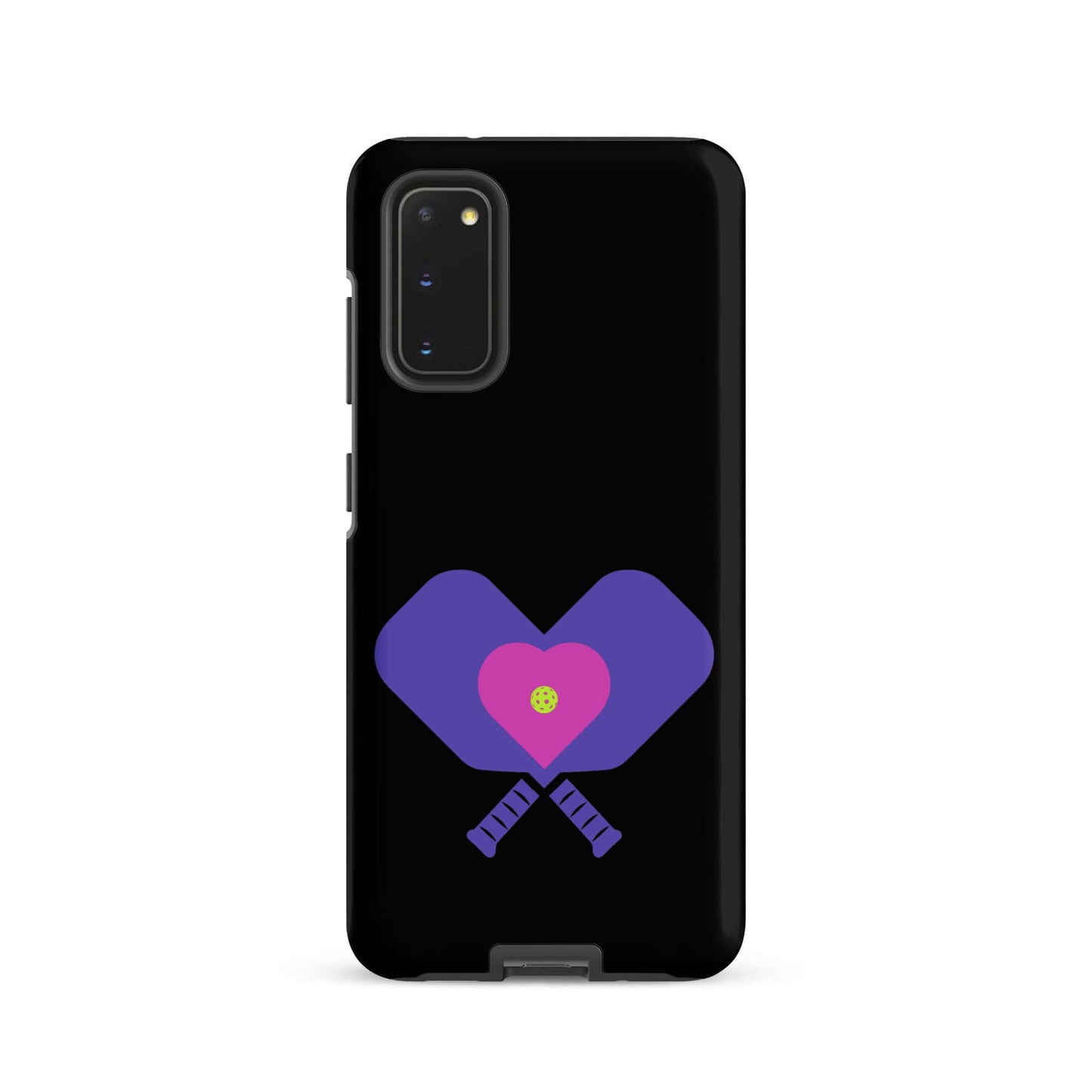 LOVE Pickleball Tough Case for Samsung® featuring purple heart design and paddles on black background.