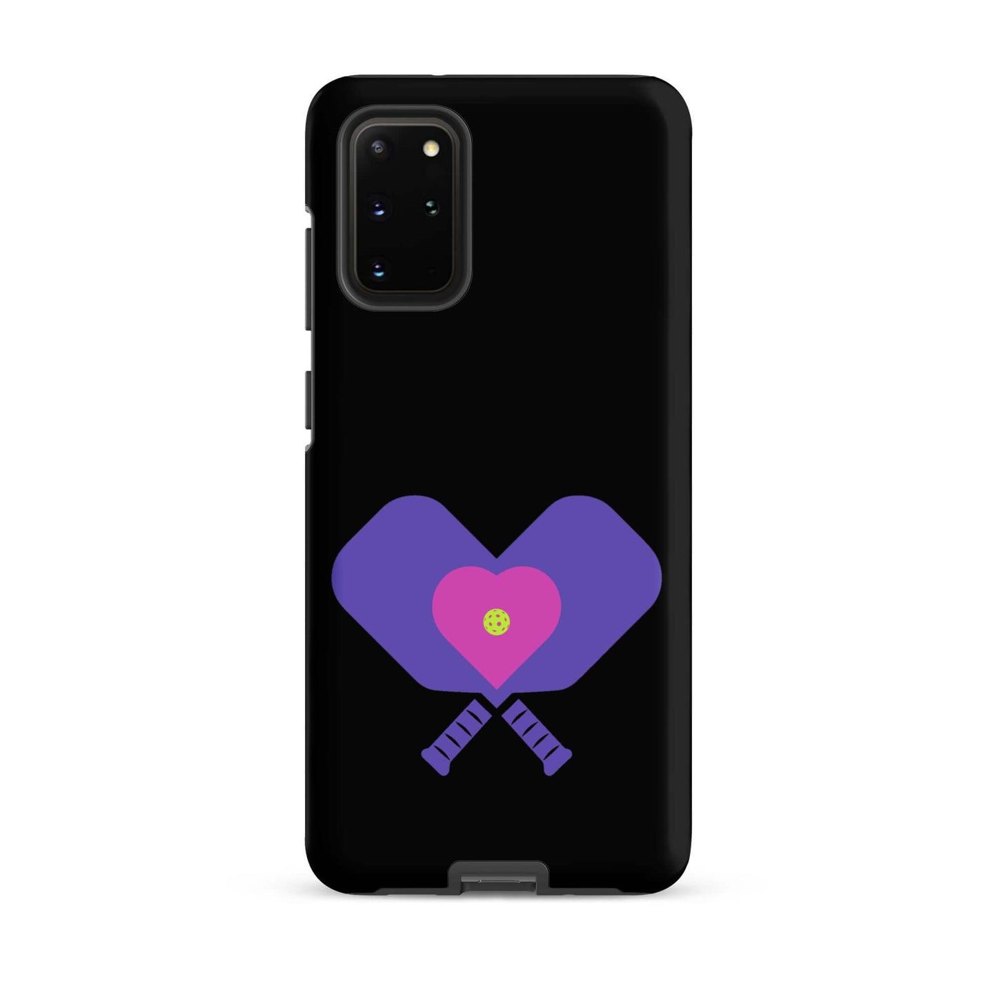 LOVE Pickleball Tough Case for Samsung® featuring heart and paddles design on a black background.