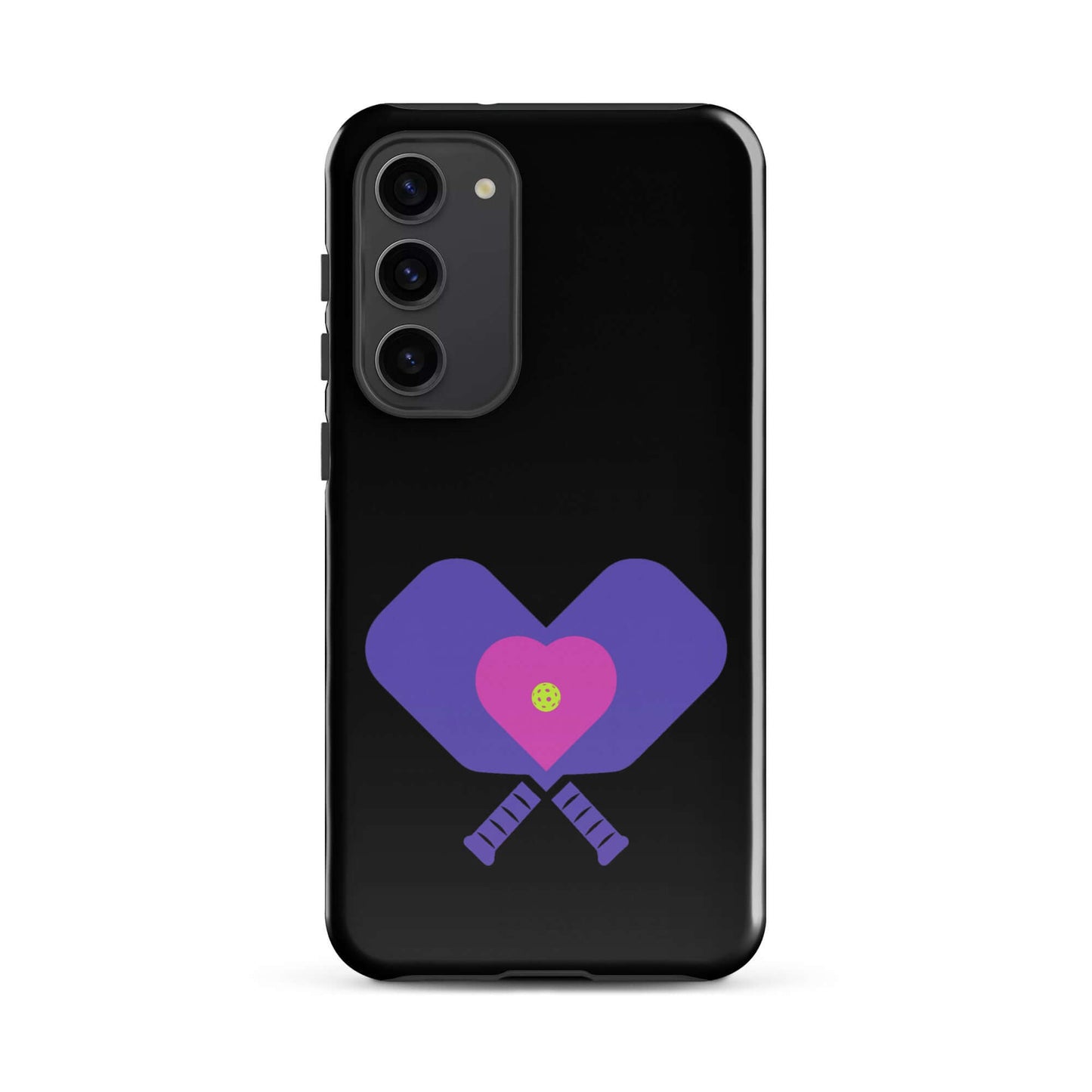 LOVE Pickleball Tough Case for Samsung® with heart and paddle design on a black background.