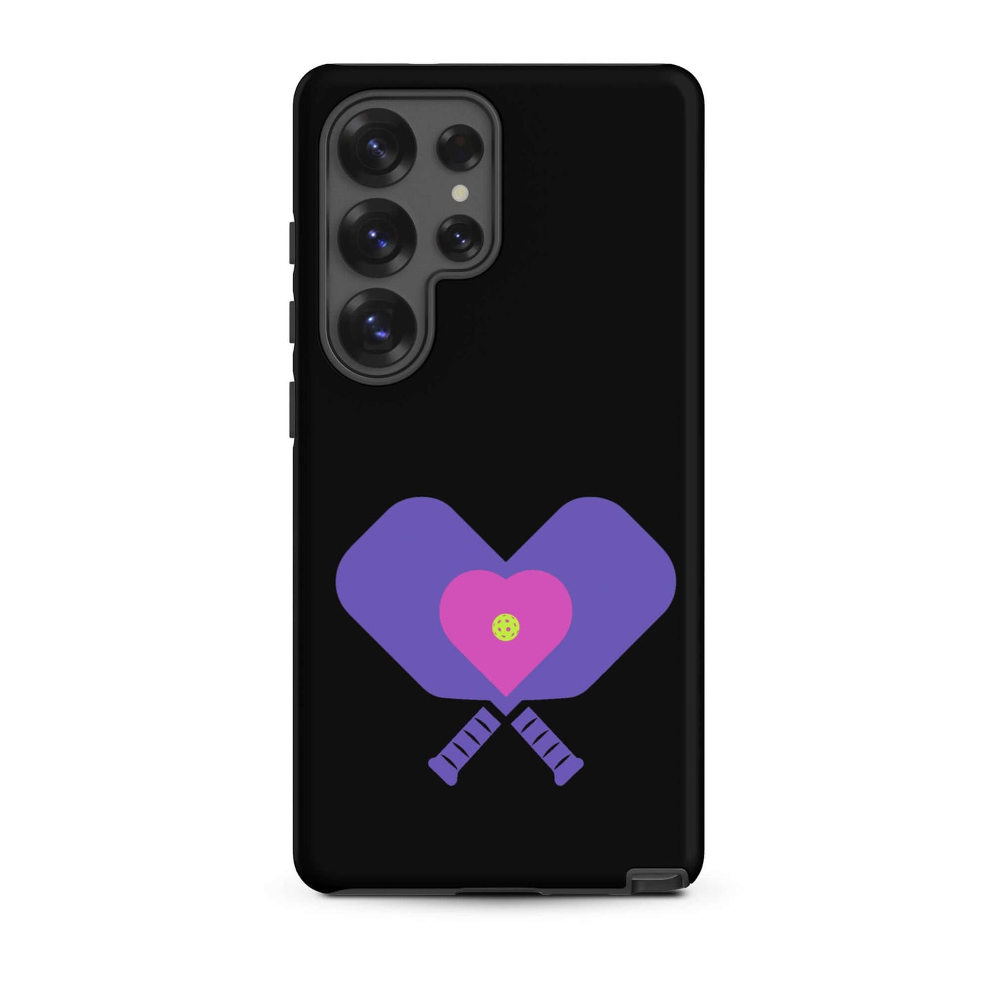 LOVE Pickleball Tough Case for Samsung® featuring paddles and heart design on a black background.