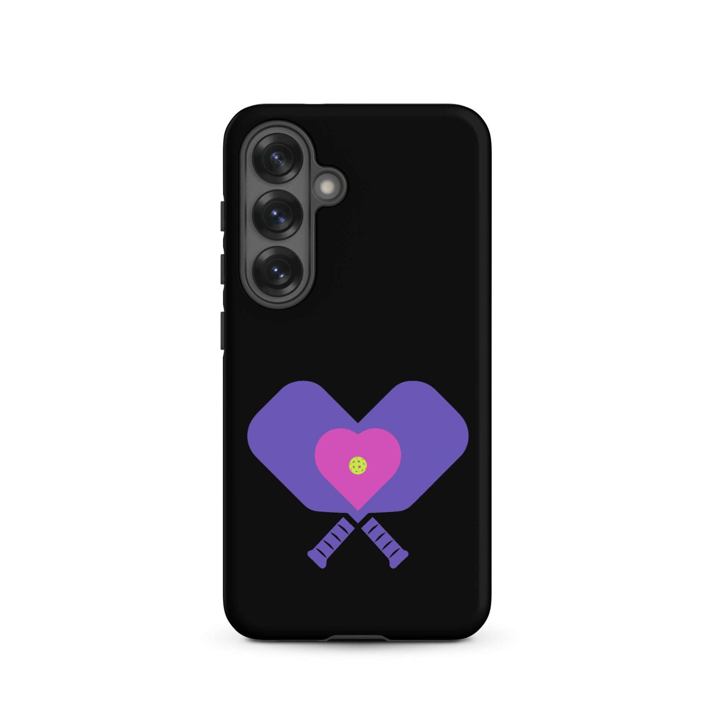 LOVE Pickleball Tough Case for Samsung®, featuring a heart and paddles design on a black background.