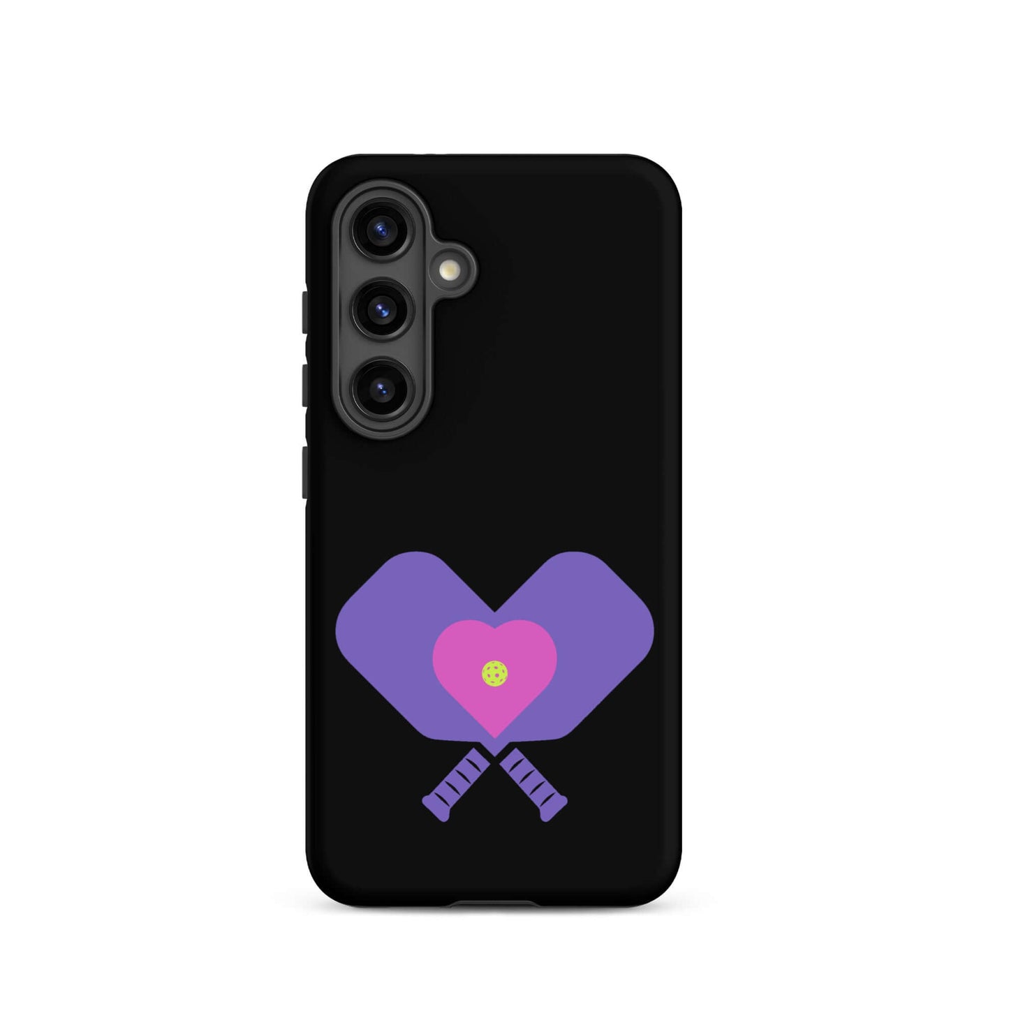 LOVE Pickleball Tough Case for Samsung® featuring heart design and paddles on a black background.