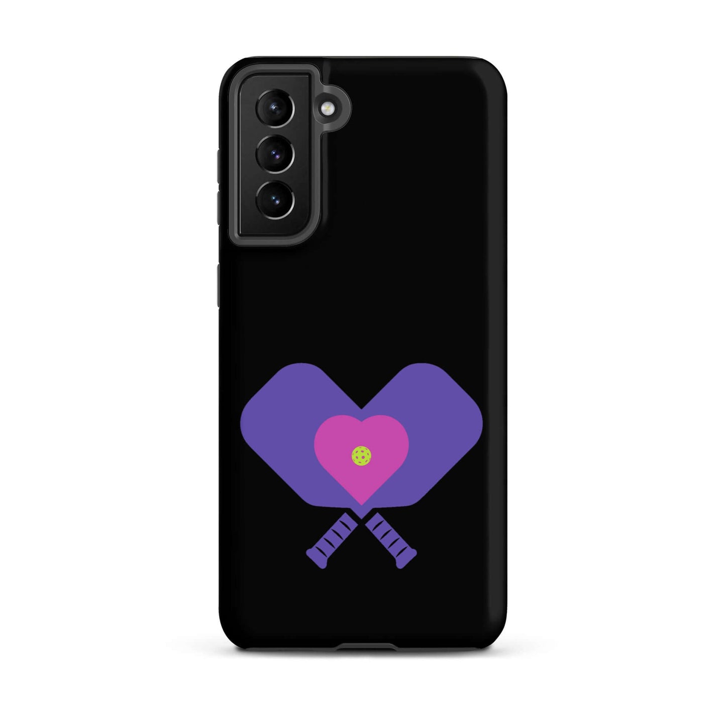 LOVE Pickleball Tough Case for Samsung® featuring purple paddles and a pink heart design.
