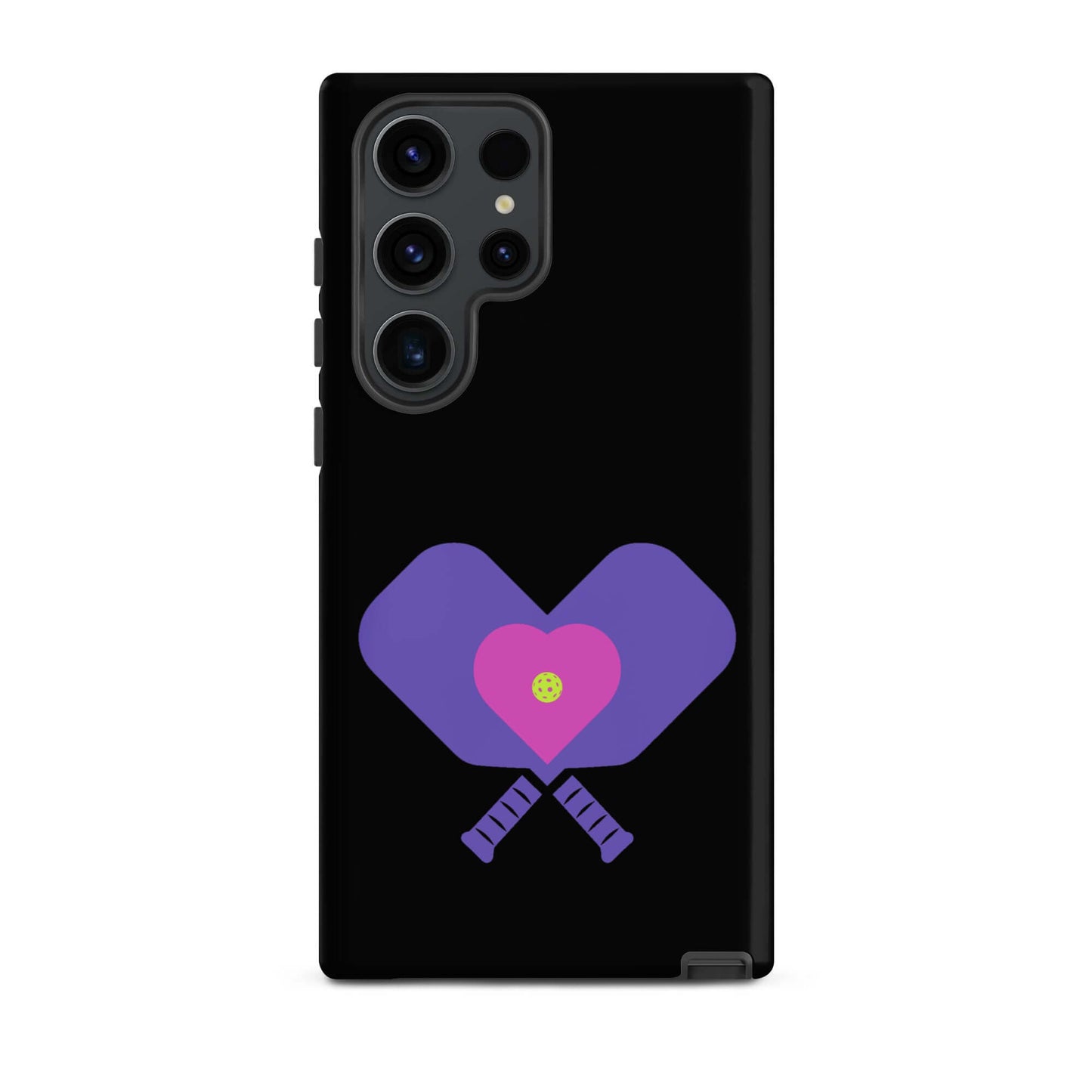 LOVE Pickleball Tough Case for Samsung® featuring heart-shaped paddles design on a black background.
