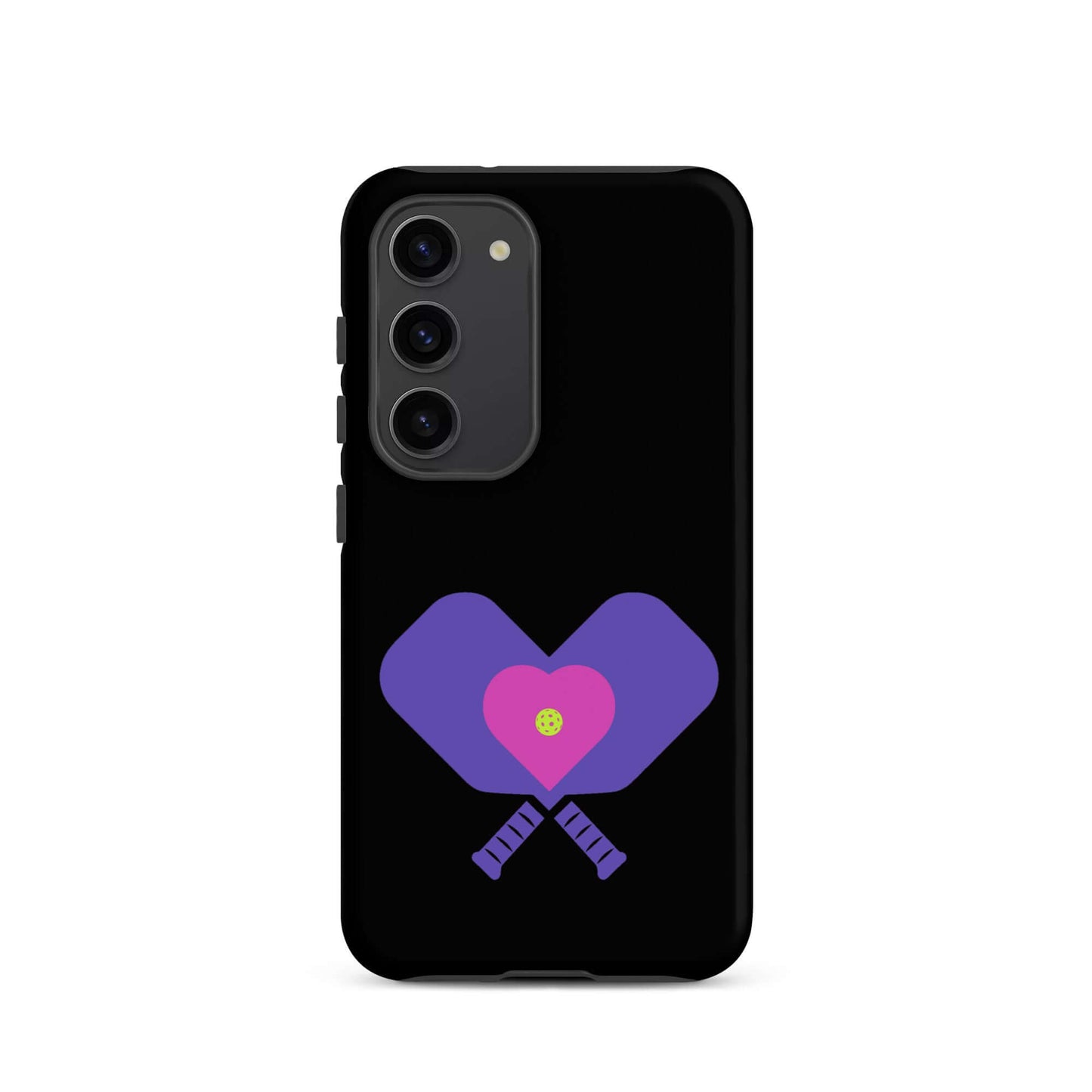 LOVE Pickleball Tough Case for Samsung featuring heart-shaped paddles on a black background.
