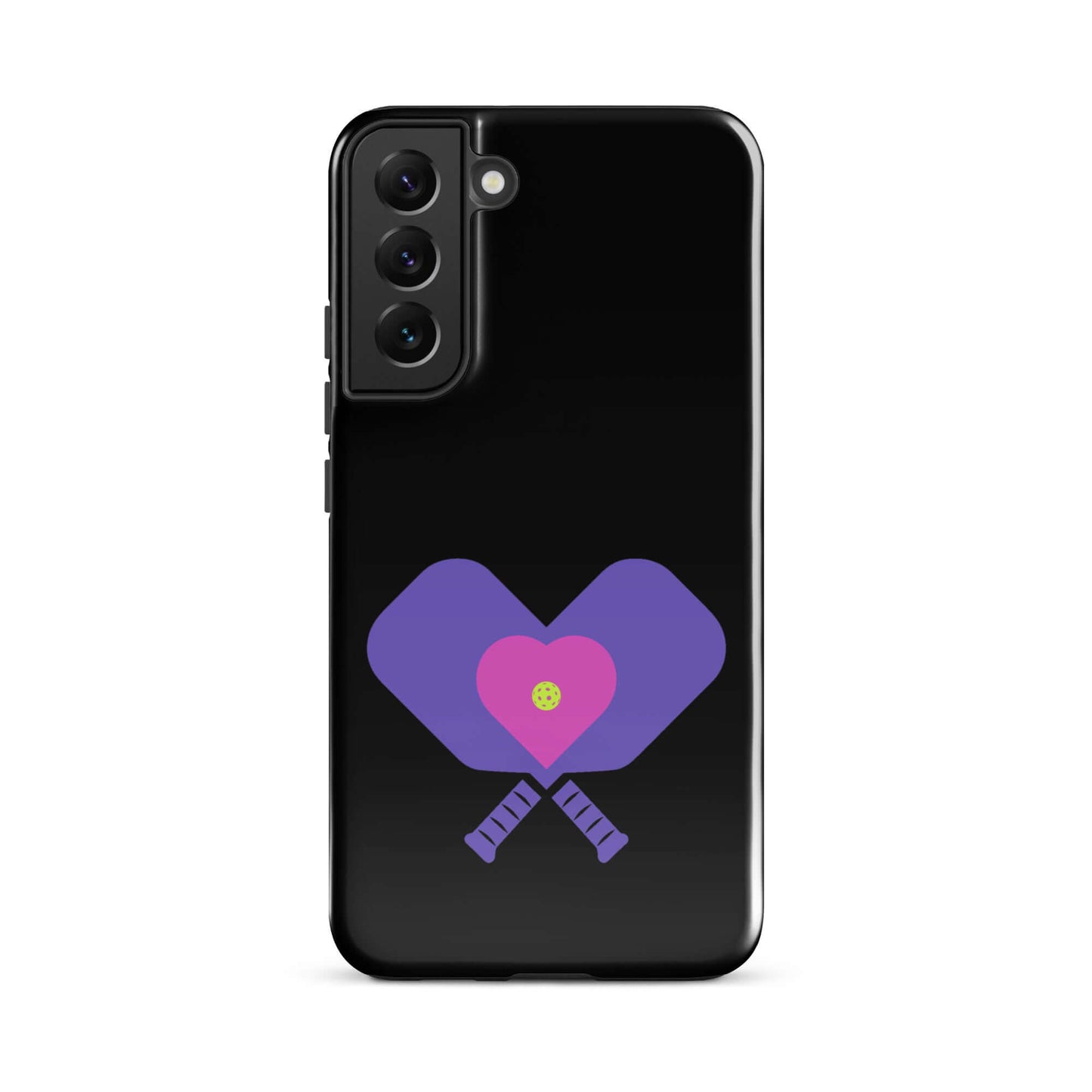 LOVE Pickleball Tough Case for Samsung featuring heart-shaped paddles on a black background.