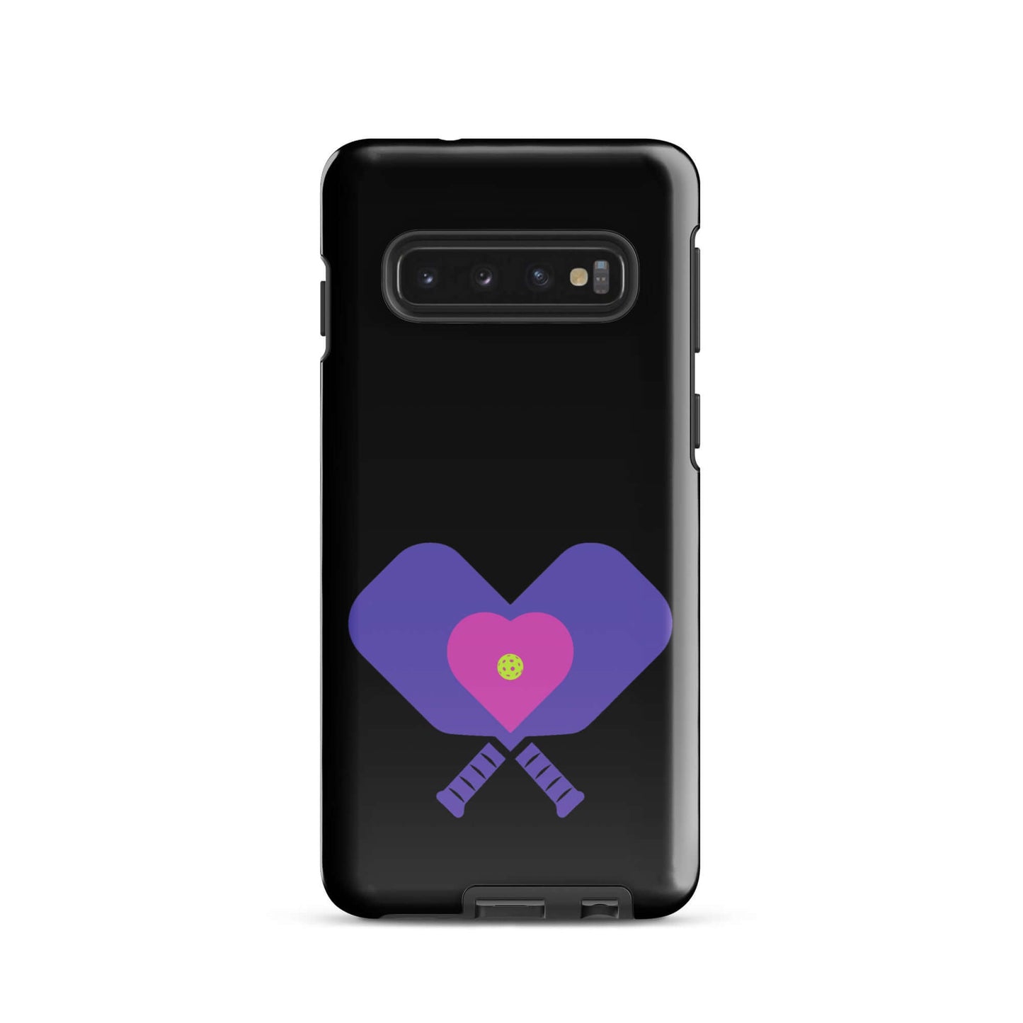 LOVE Pickleball Tough Case for Samsung® featuring heart and paddles design on a sleek black background.