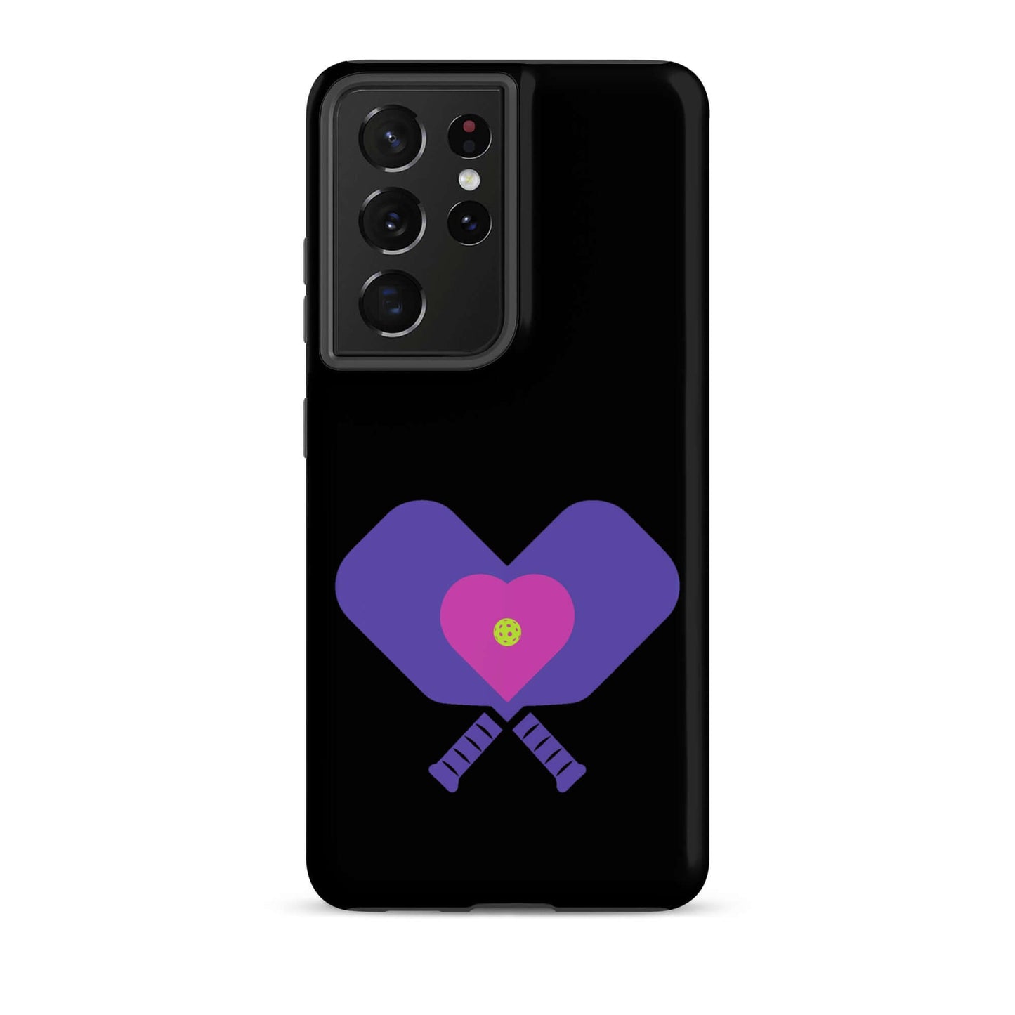 LOVE Pickleball Tough Case for Samsung® featuring heart and paddle design on a black background.