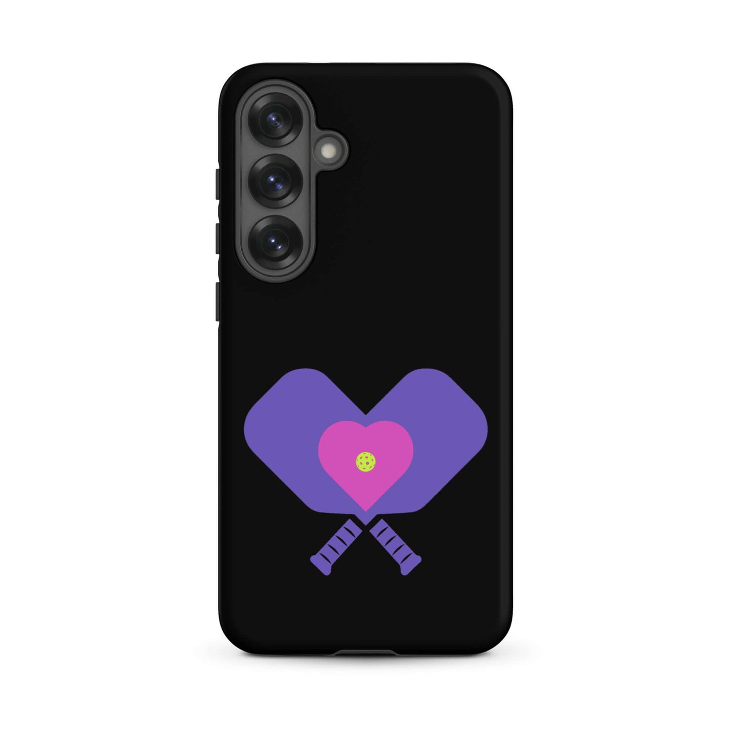 LOVE Pickleball Tough Case for Samsung® featuring heart paddles design on a black background.