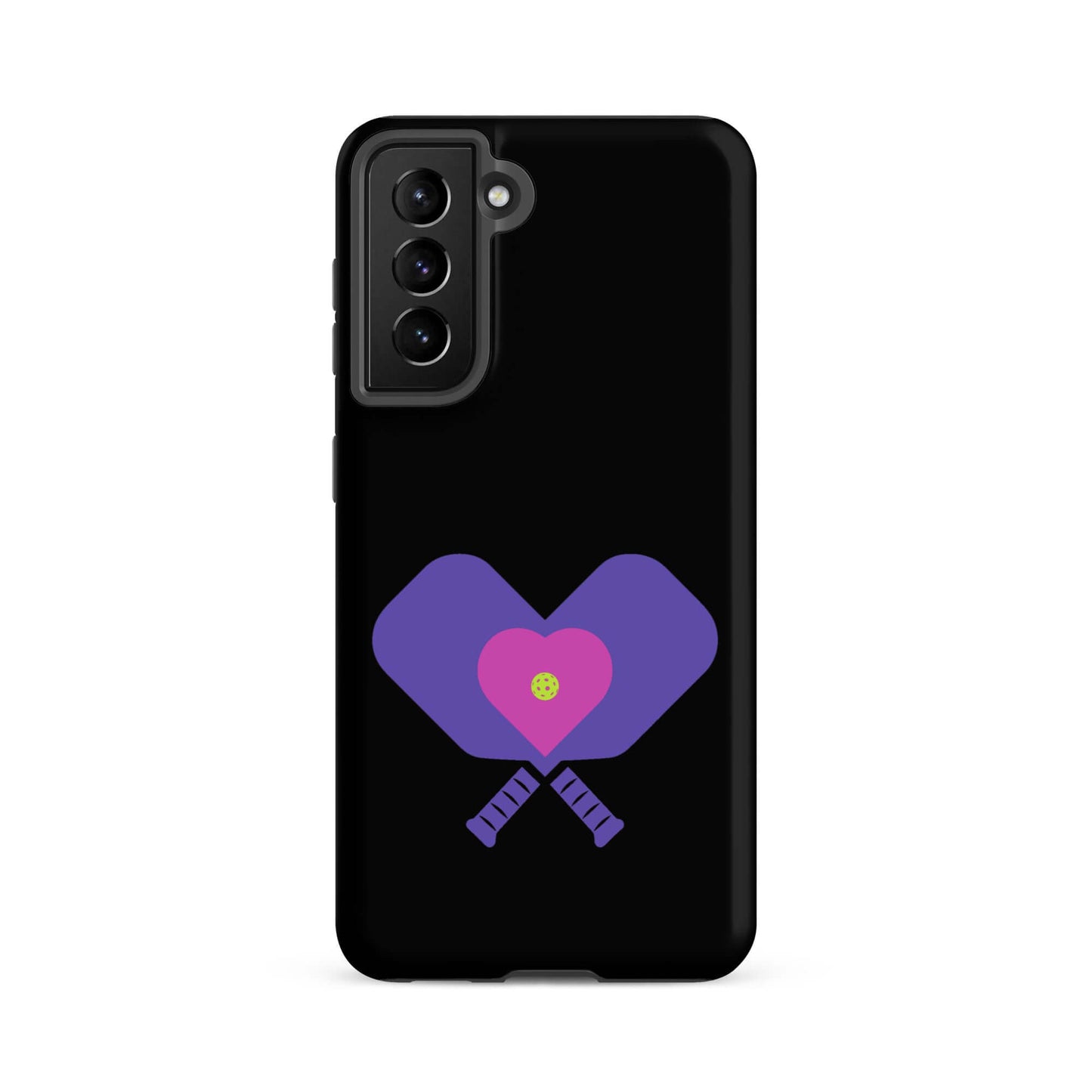 LOVE Pickleball Tough Case for Samsung® featuring heart paddles design on a black background.