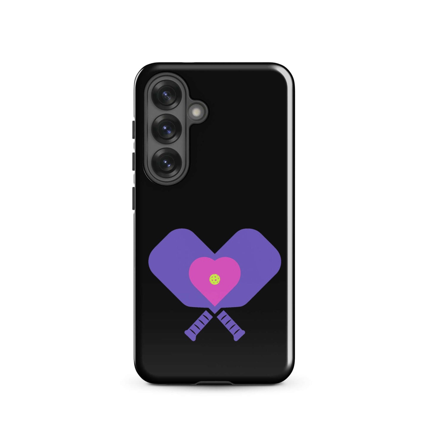 LOVE Pickleball Tough Case for Samsung® featuring heart and paddle design in purple and black.