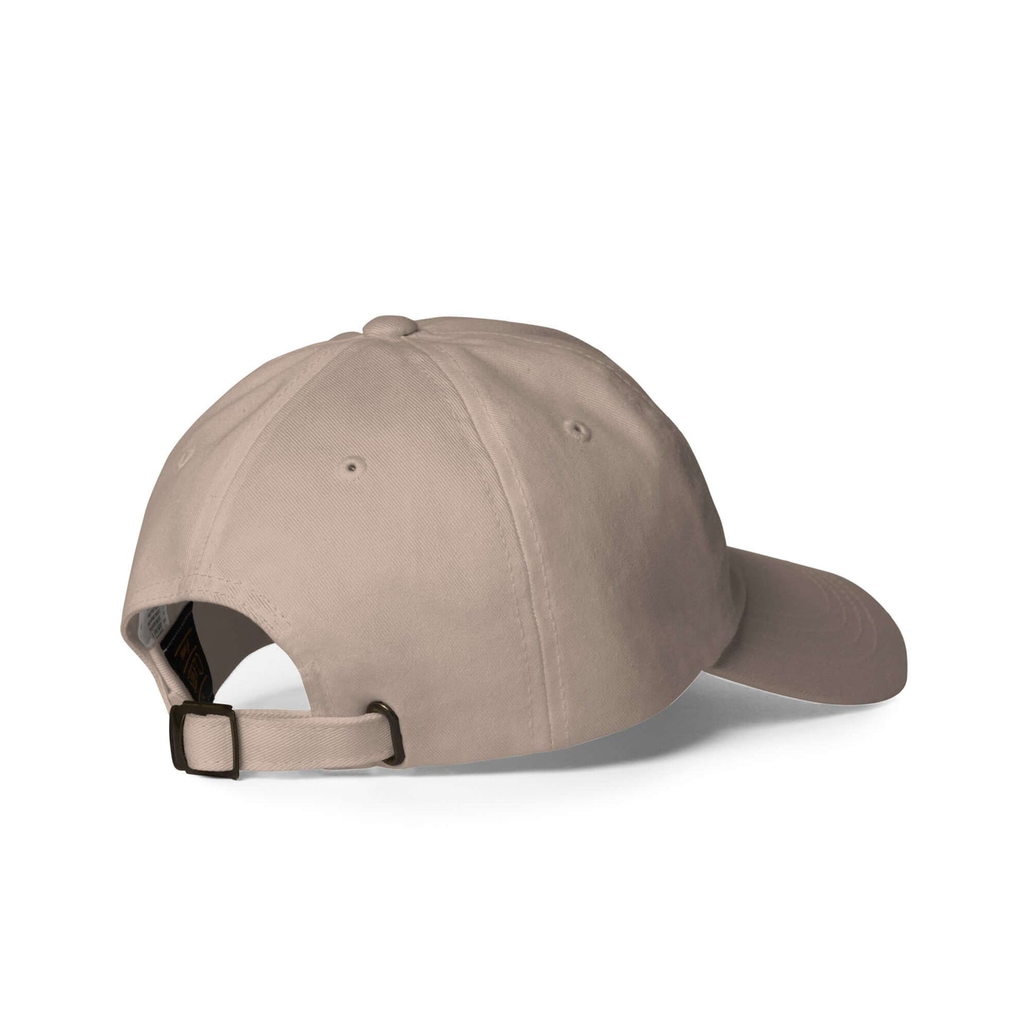 Low profile pickleball hat with adjustable strap and curved visor in beige color, rear view.