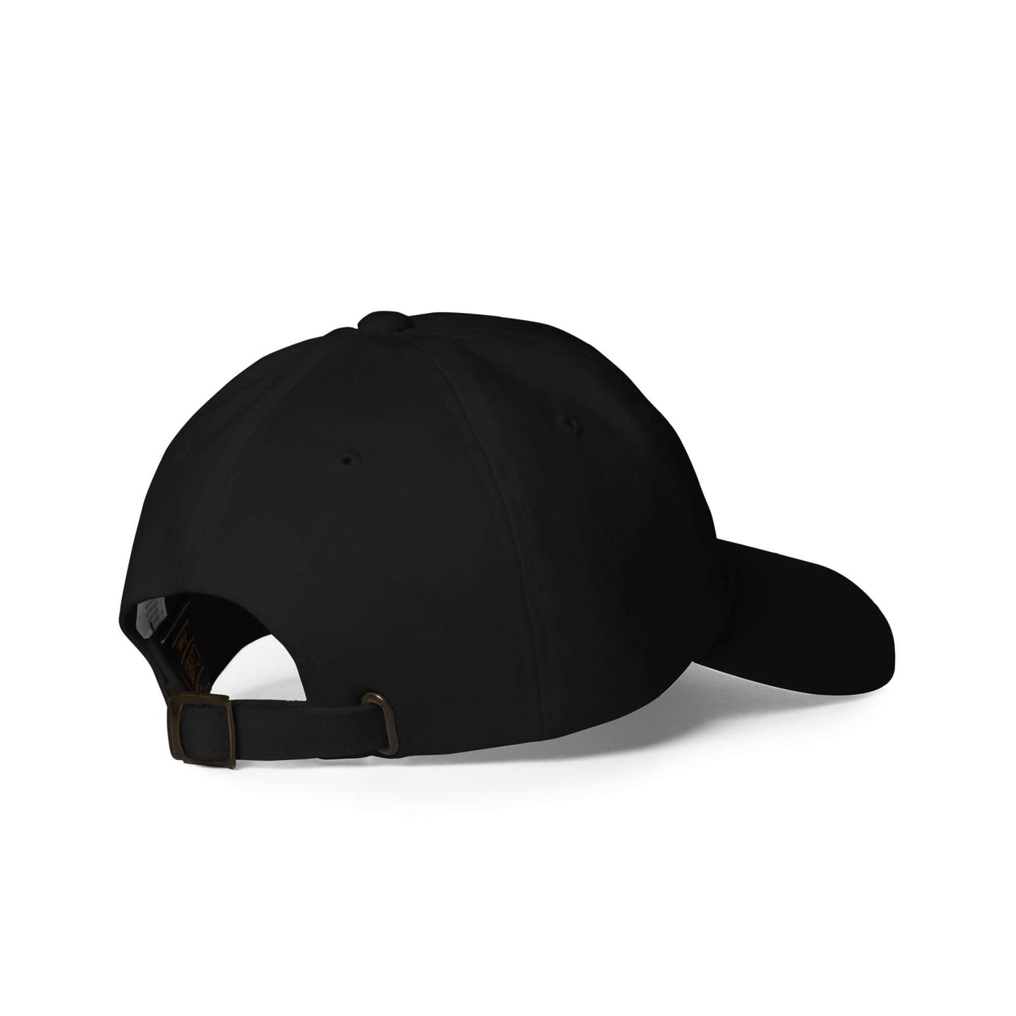 Black low profile pickleball hat with adjustable strap and curved visor, back view.