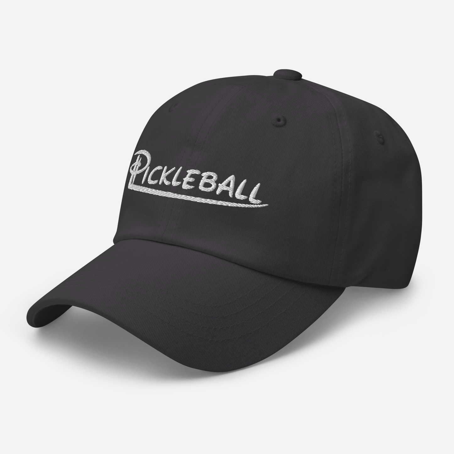 Black low profile pickleball hat with embroidered logo and adjustable strap.
