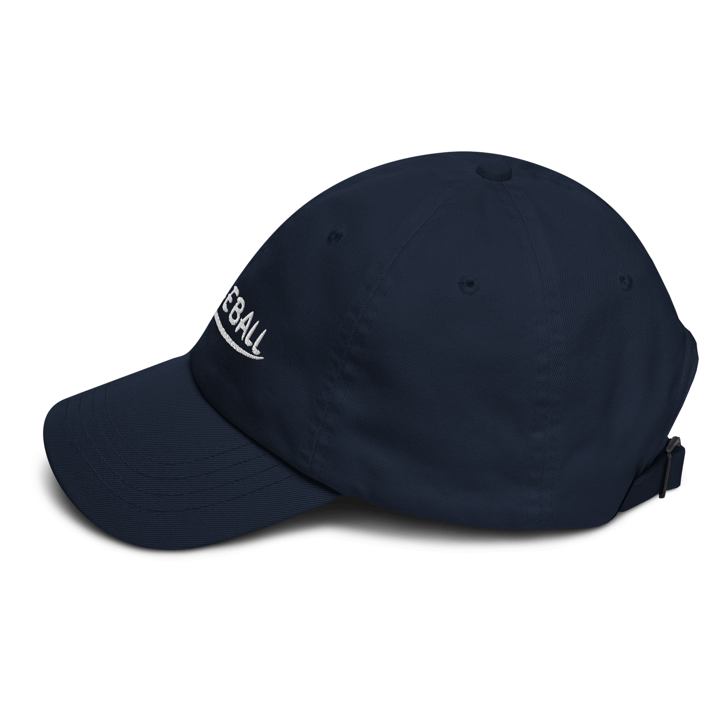 Navy low profile pickleball hat with embroidery and adjustable strap, side view.