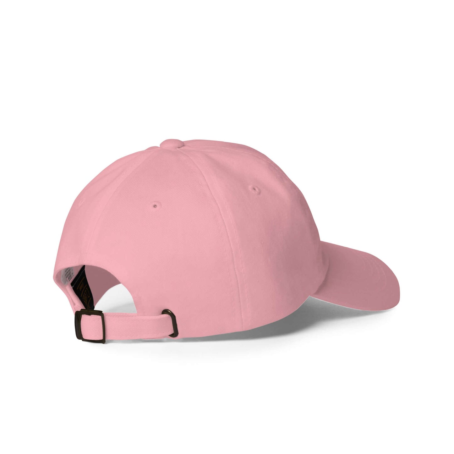Pink low profile adjustable hat with curved visor, rear view showing strap and buckle.