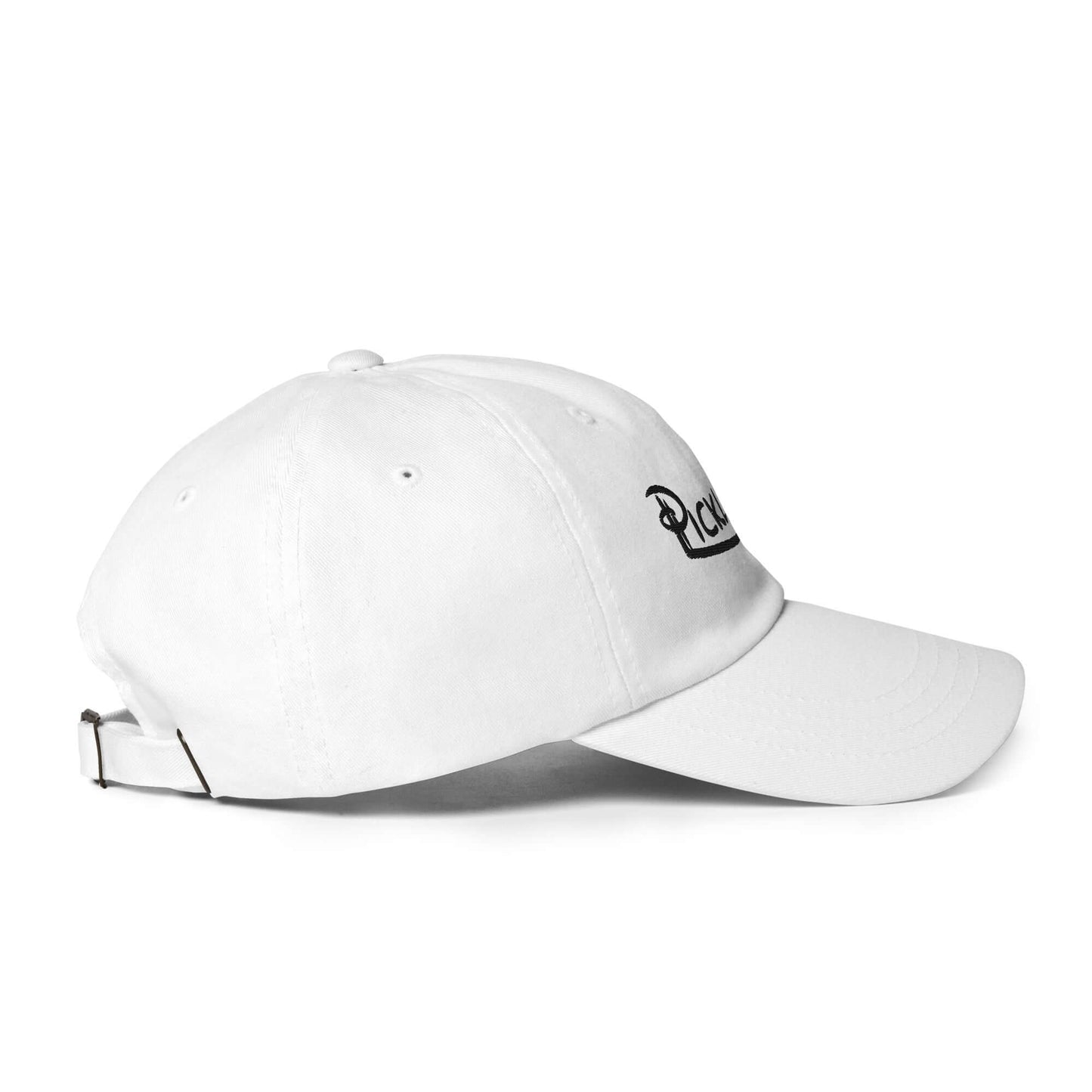 White low profile pickleball hat with embroidered logo and adjustable strap, side view.