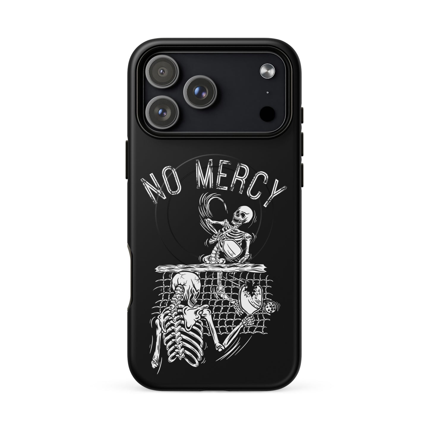 Pickleball iPhone Magnetic Case featuring skeleton design and 'No Mercy' text for aggressive players.