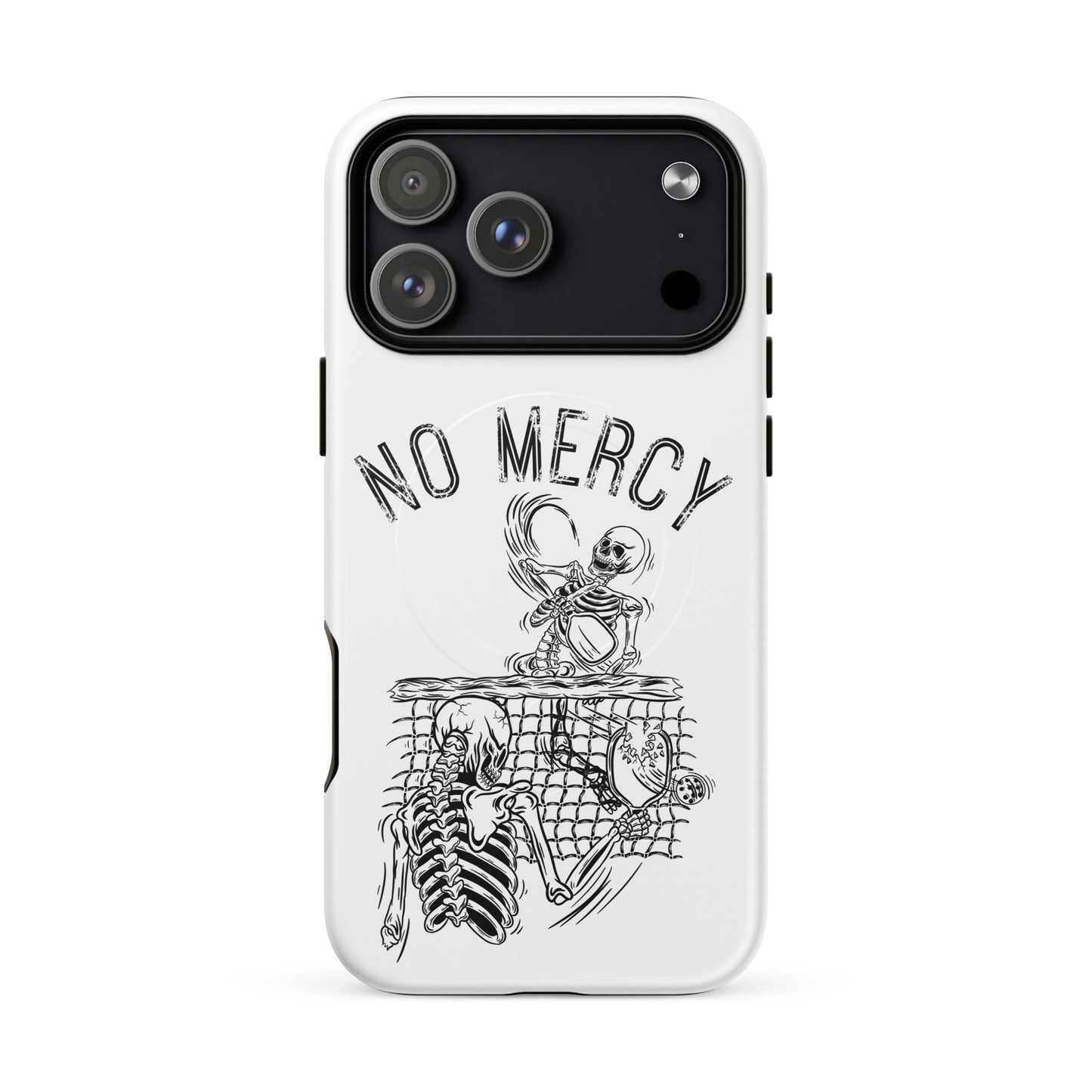Pickleball iPhone magnetic case featuring 'No Mercy' design, perfect for aggressive players.