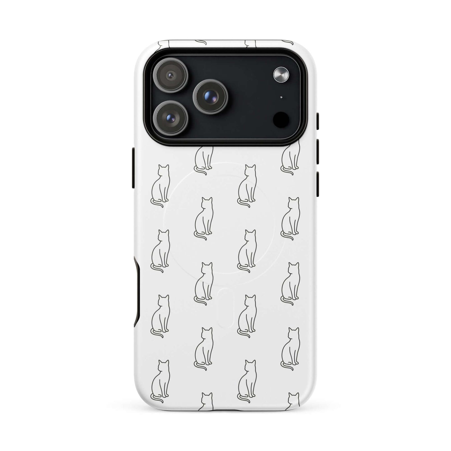 Magnetic Phone Case featuring a minimalist pattern of sitting cats in black on a white background.