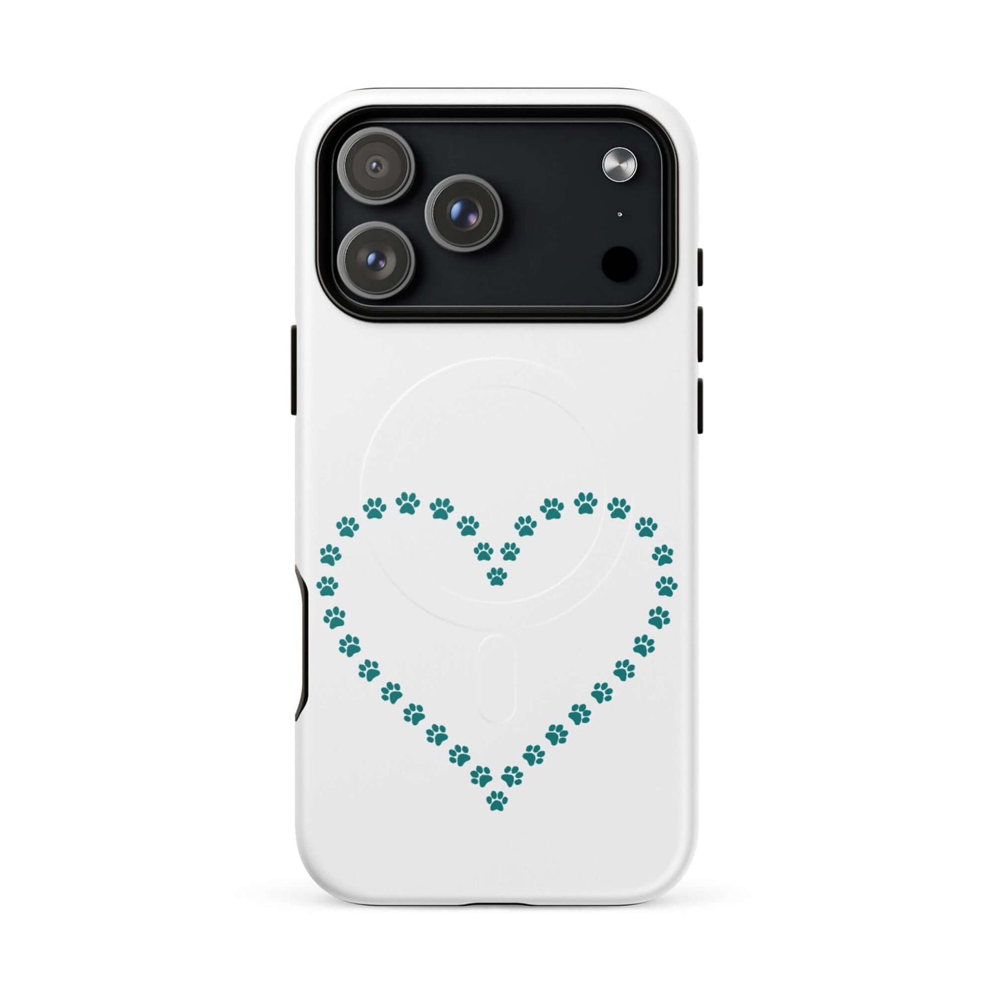Magnetic Phone Case featuring a heart design made of teal paw prints, perfect for pet lovers.