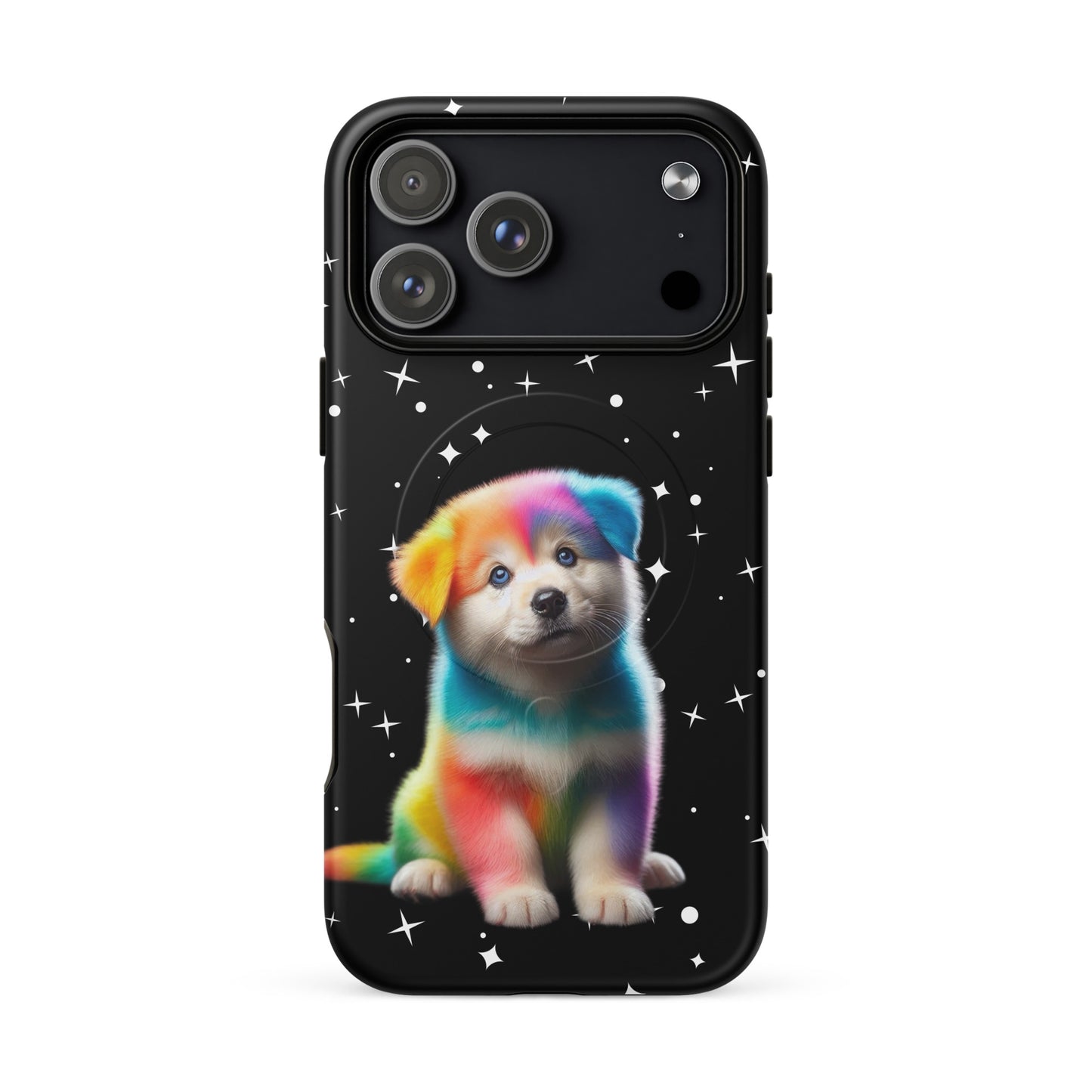 Magnetic Phone Case featuring a vibrant rainbow puppy design against a starry background.