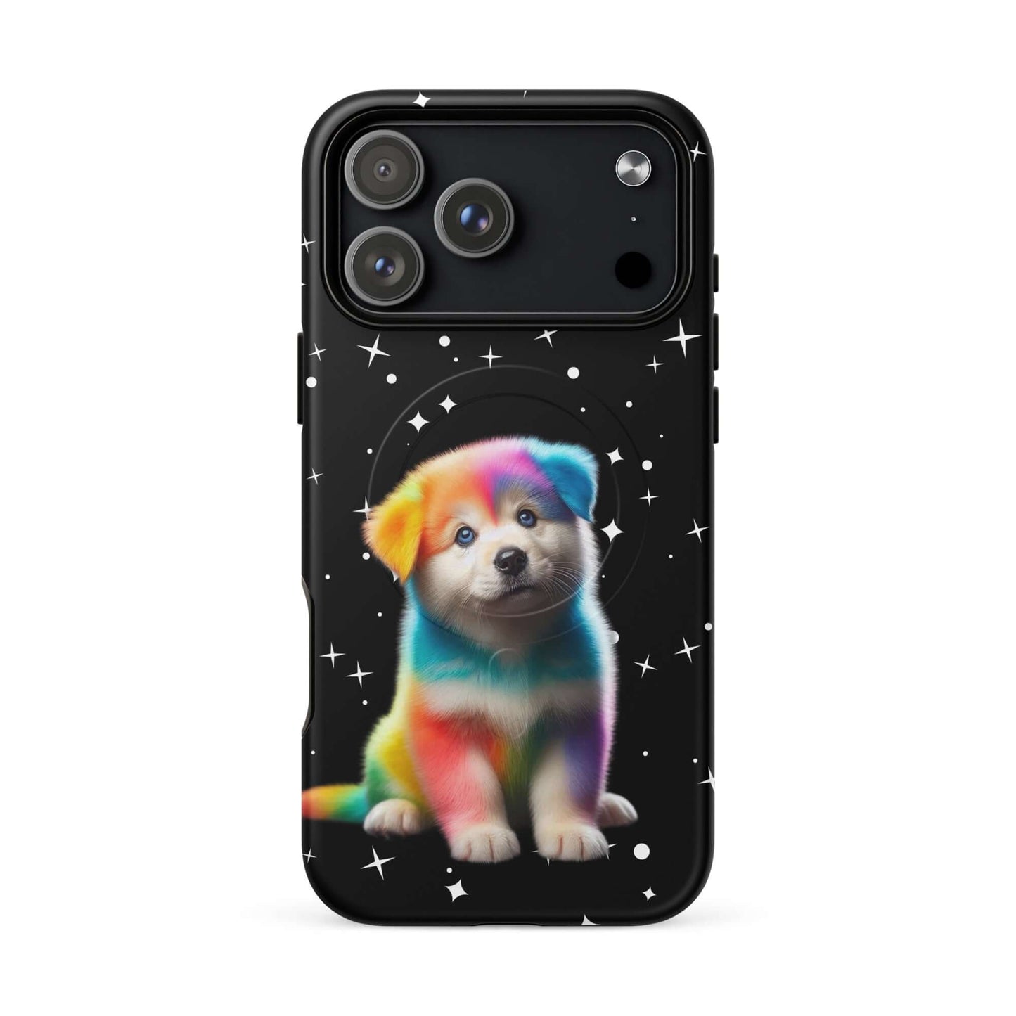 Magnetic Phone Case featuring a vibrant rainbow puppy design against a starry background.