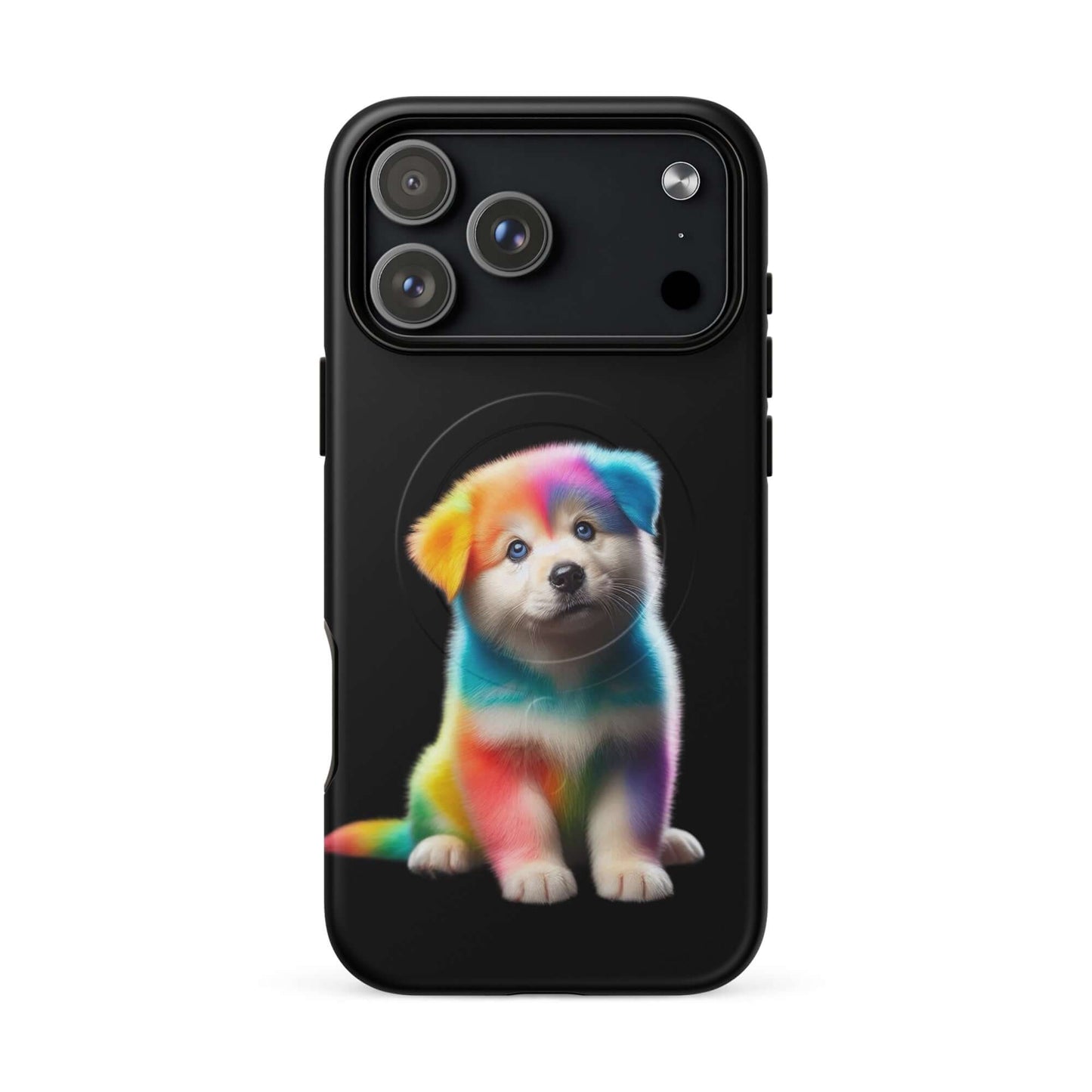 Magnetic Phone Case featuring a vibrant rainbow puppy design on a dark background, perfect for pet lovers.