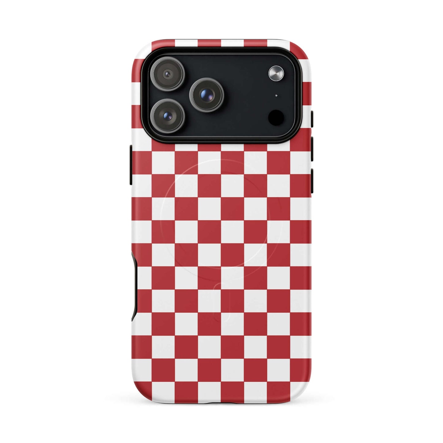 Crimson red checkered Magnetic Phone Case for iPhone showcasing bold and playful design.