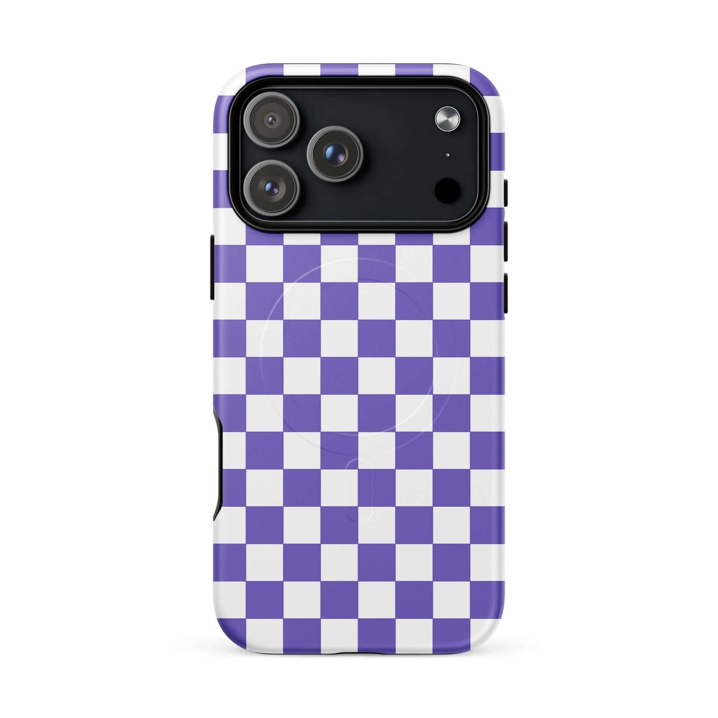 Magnetic Phone Case for iPhone with purple and white checkered design for stylish protection.
