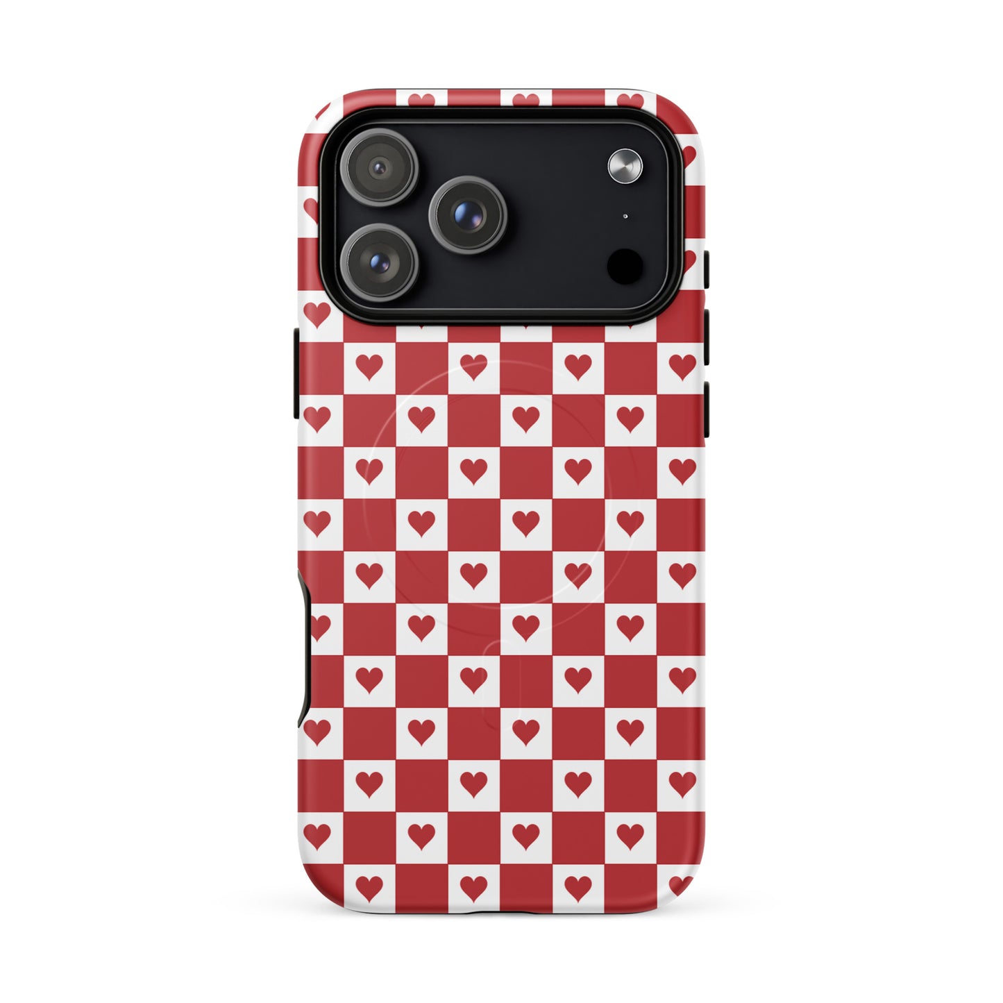 Magnetic Phone Case with red heart checkered design for iPhone