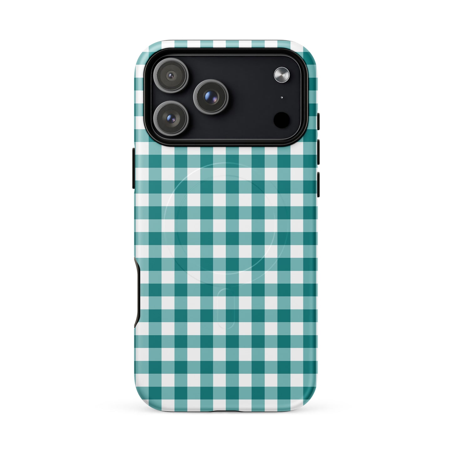 Magnetic Phone Case for iPhone with teal gingham pattern, combining style and protection.