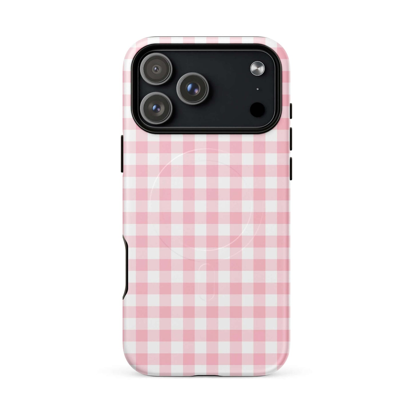 Magnetic Phone Case with pink gingham pattern for iPhone, combines stylish design with superior protection and magnetic functionality.