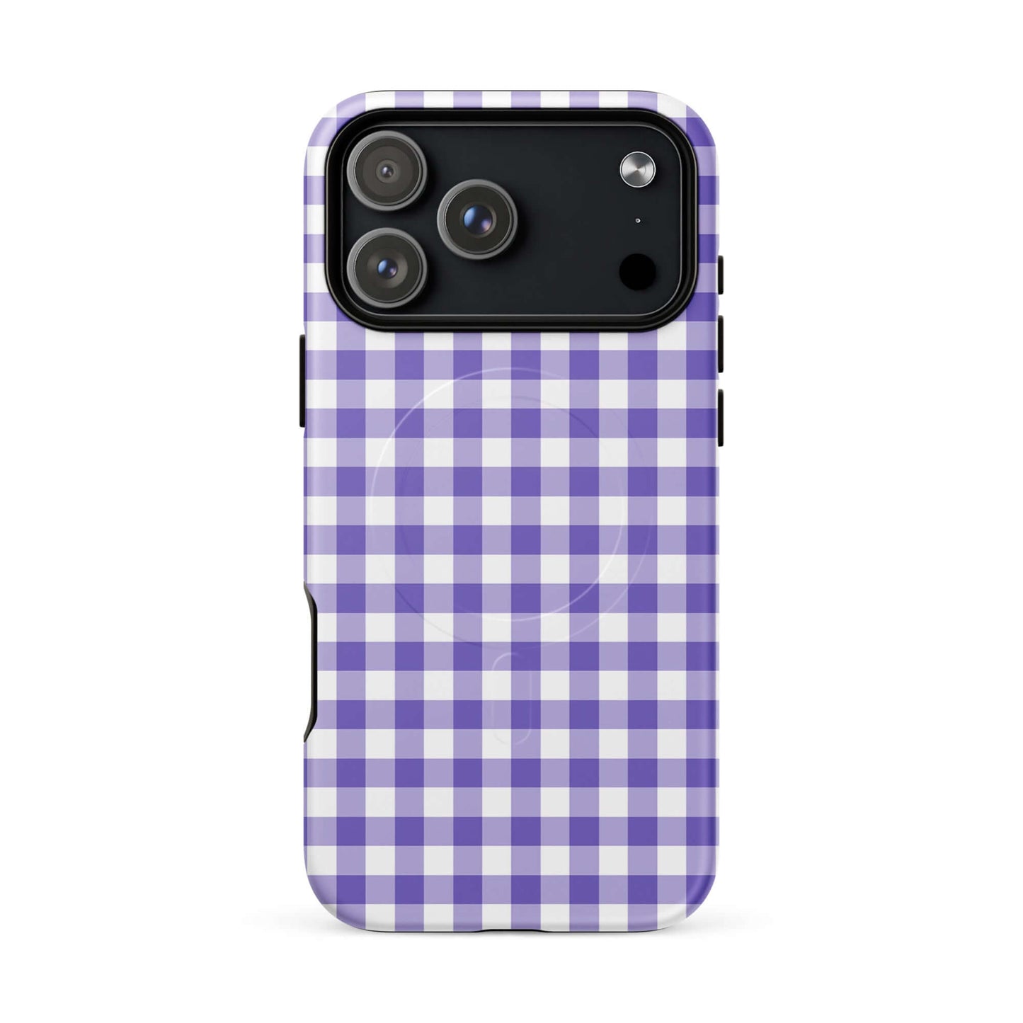 Magnetic Phone Case with purple-and-white gingham pattern for iPhone, stylish and durable accessory.