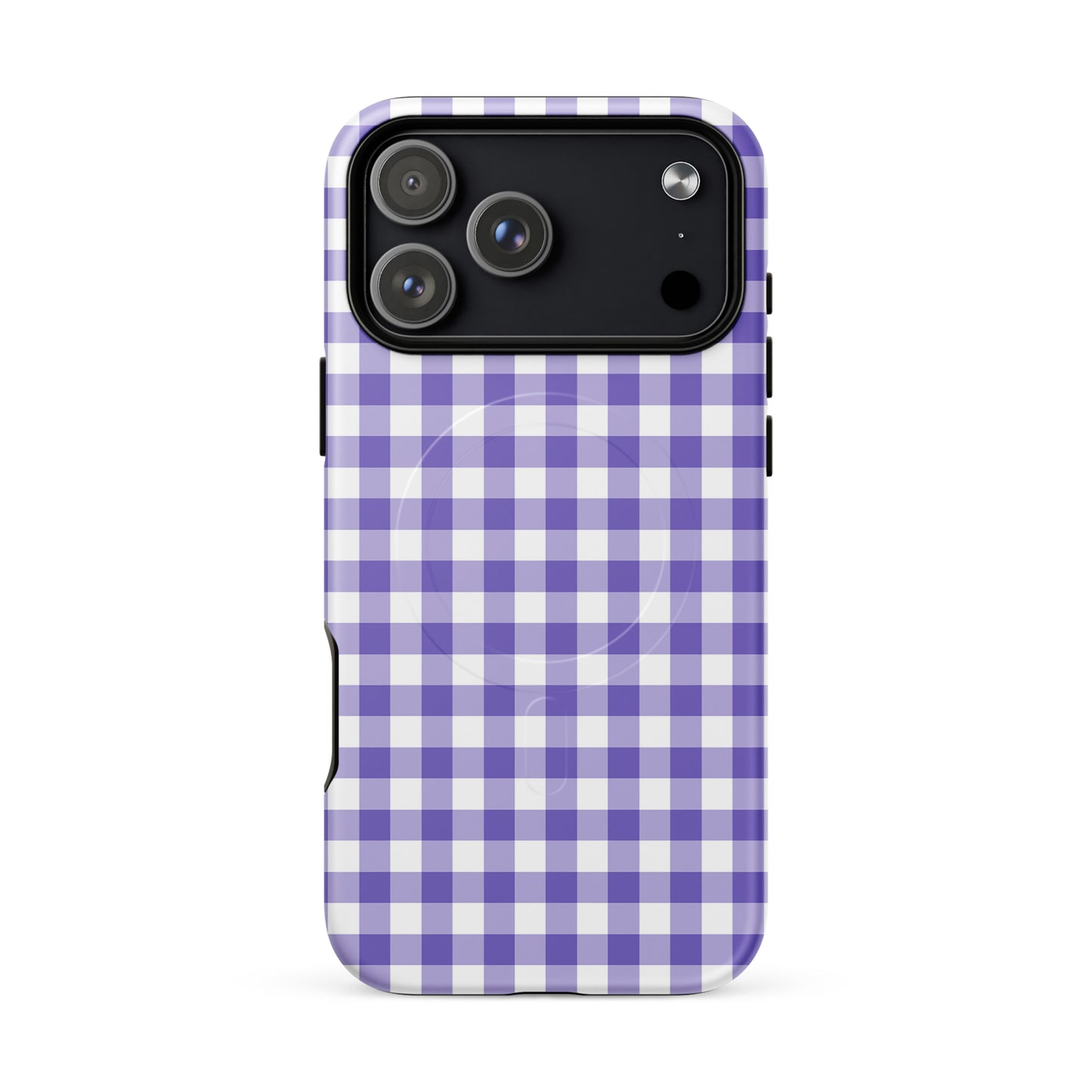 Magnetic Phone Case with purple-and-white gingham pattern for iPhone, stylish and durable accessory.