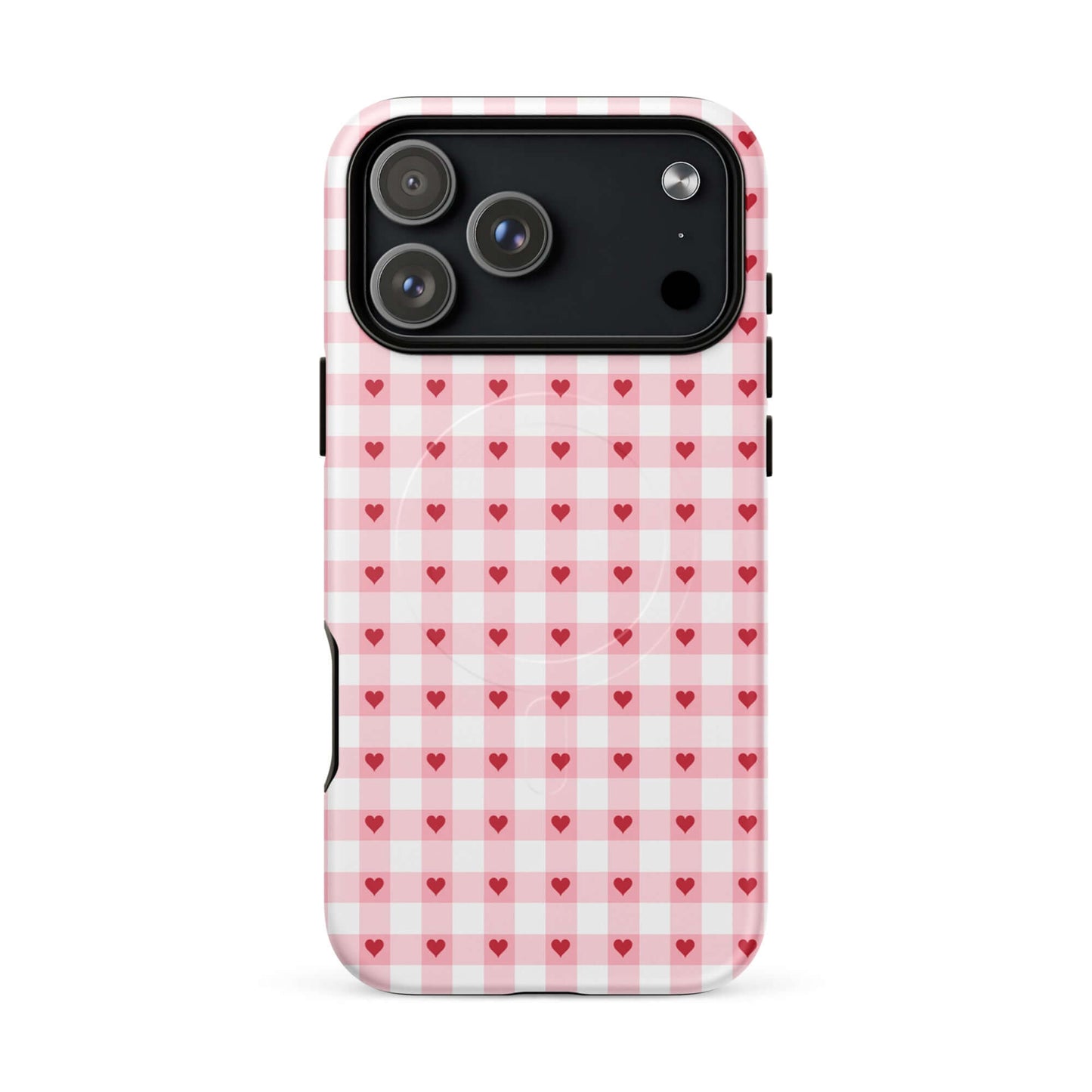 Magnetic Phone Case with pink-and-white gingham heart pattern, chic and durable design for iPhone.
