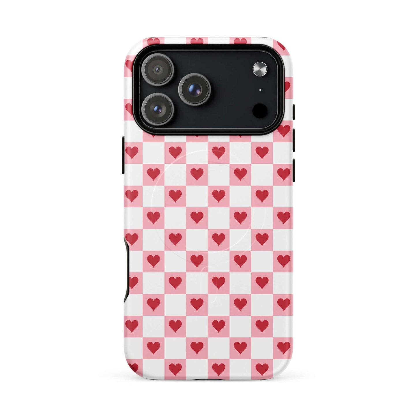 Magnetic Phone Case for iPhone in pink-and-white with red hearts checkered design, featuring a charming and playful pattern.