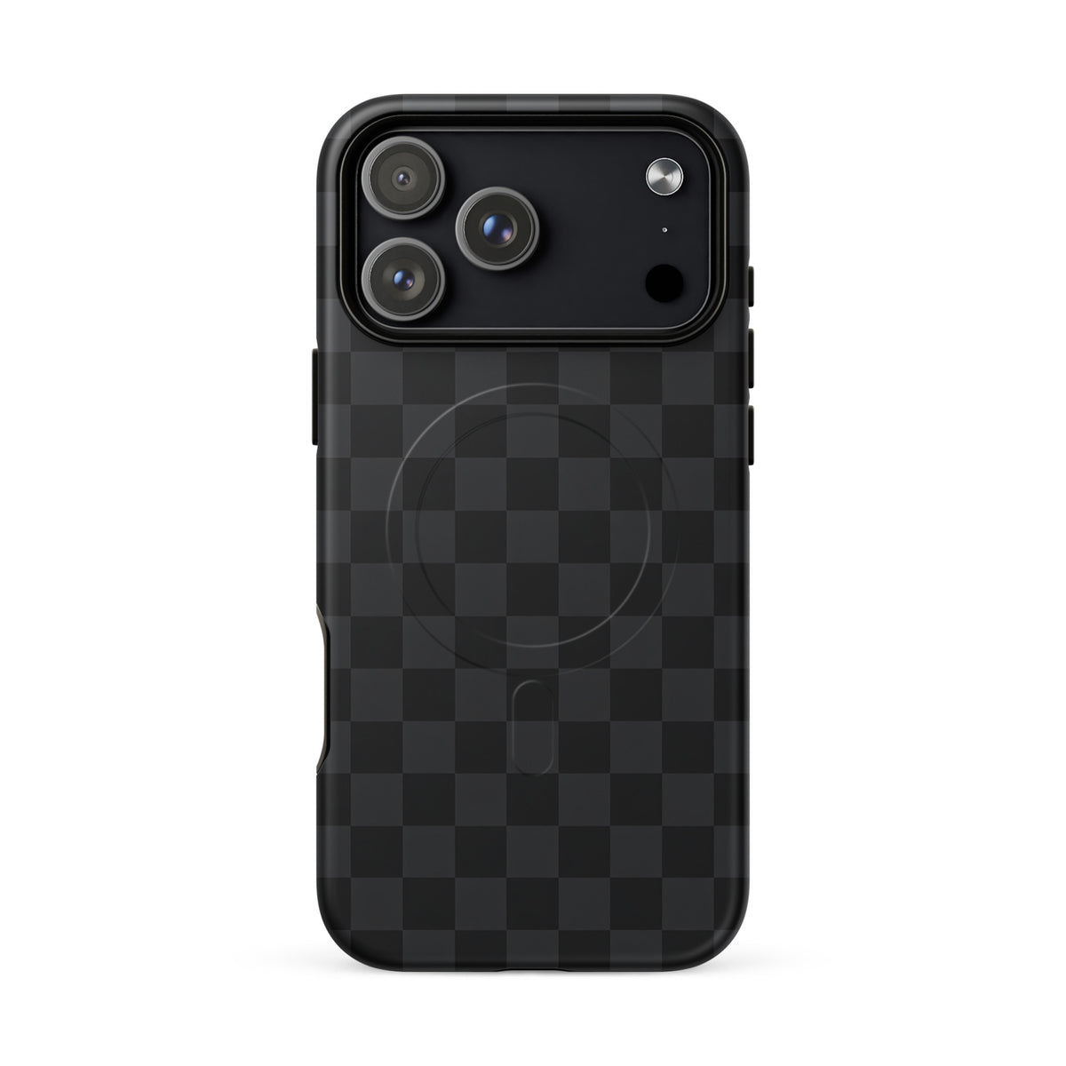 Magnetic Phone Case for iPhone with black and charcoal checkered design, offering sleek and modern protection.