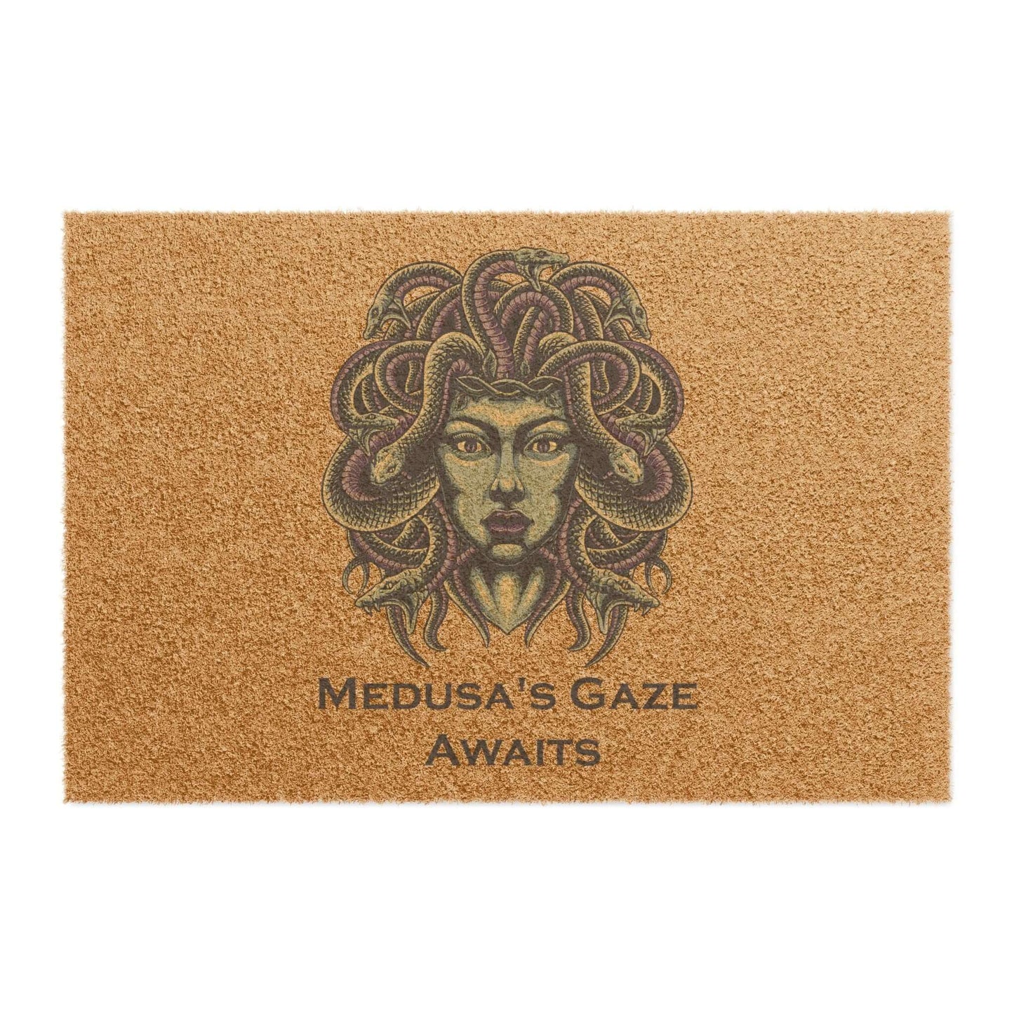Medusa Halloween doormat featuring a snake-haired Medusa design and the text "Medusa's Gaze Awaits" on a textured background.