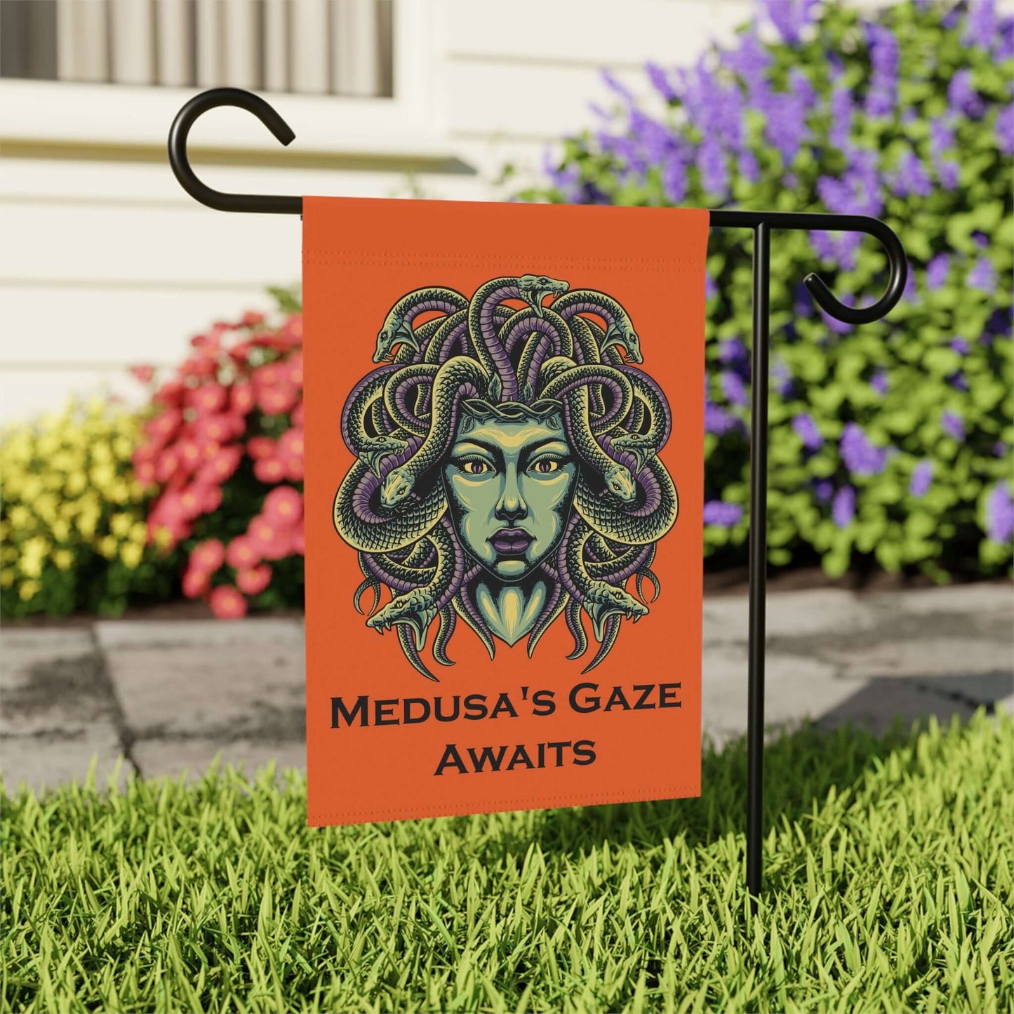 Medusa Halloween garden banner with snake-haired design on orange background, styled in garden setting.