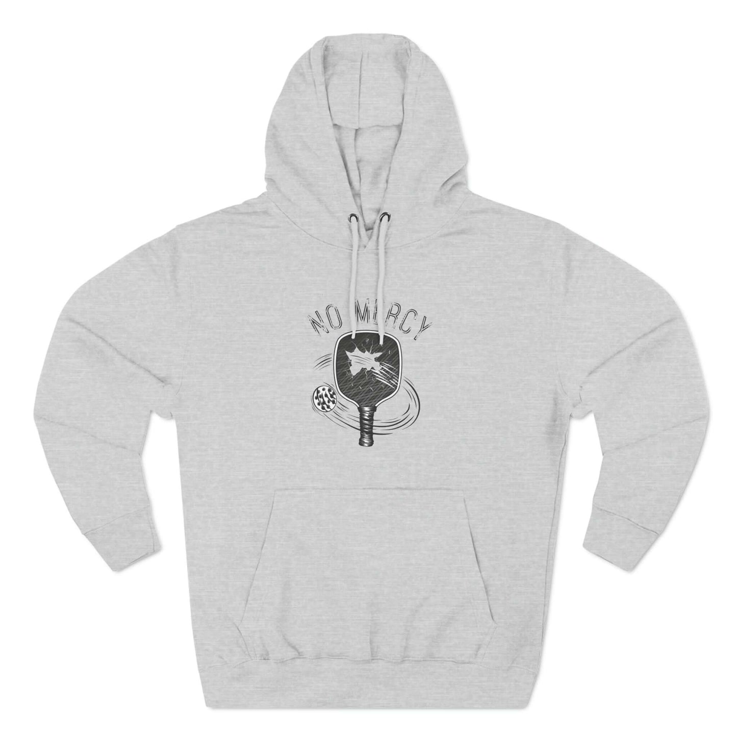 No Mercy FO Pickleball Series fleece hoodie in light gray with pickleball paddle design, perfect for warmth and agility on the court.