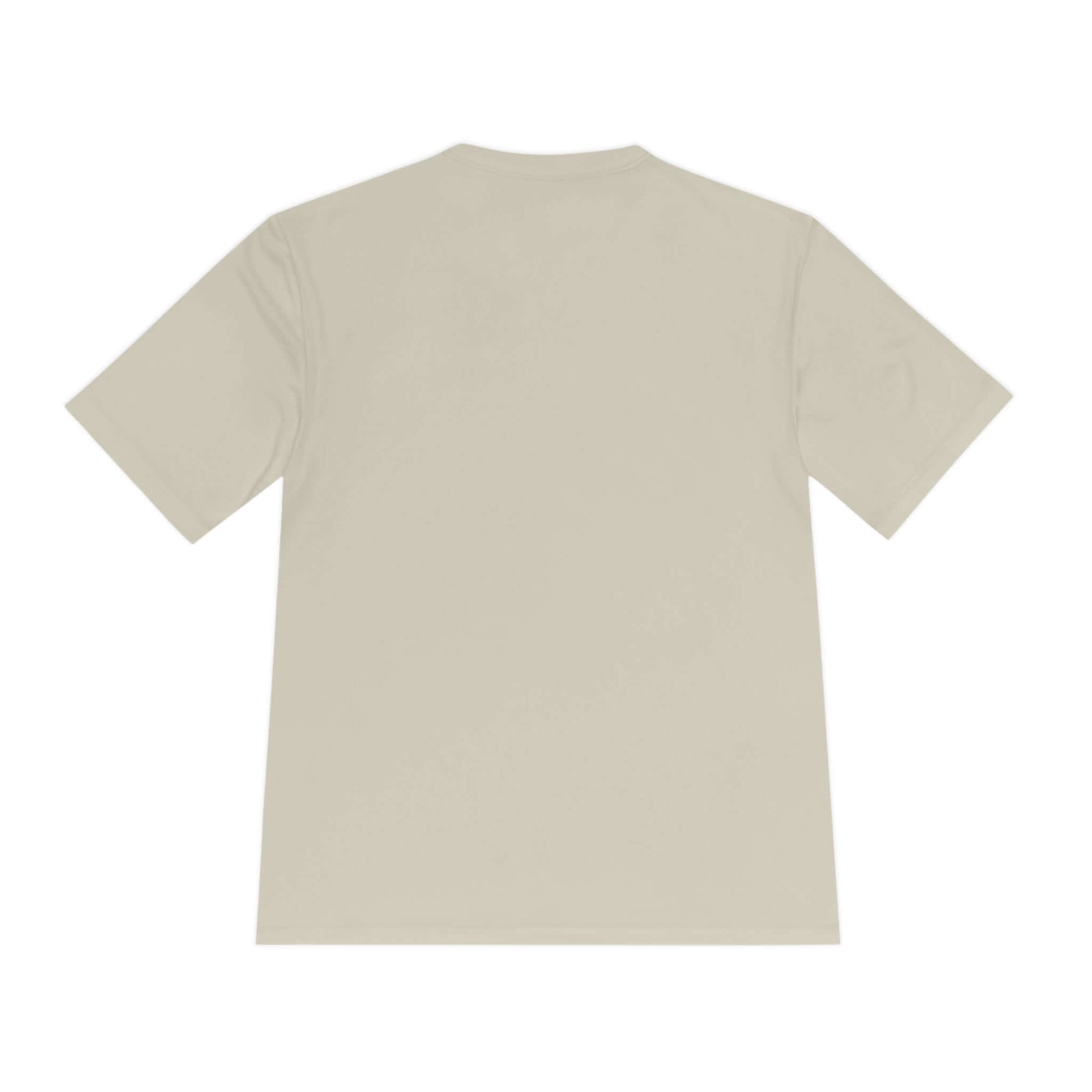 "Back view of No Mercy Pickleball Dry-Fit Performance T-Shirt in beige color, designed for comfort and moisture wicking for players."