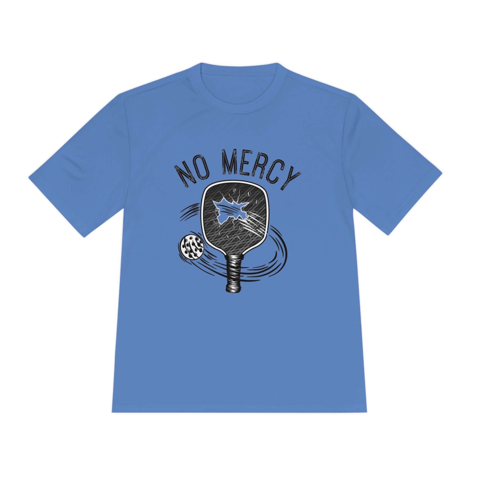 Blue "No Mercy" pickleball dry-fit shirt with graphic paddle design, ideal for performance and moisture wicking.