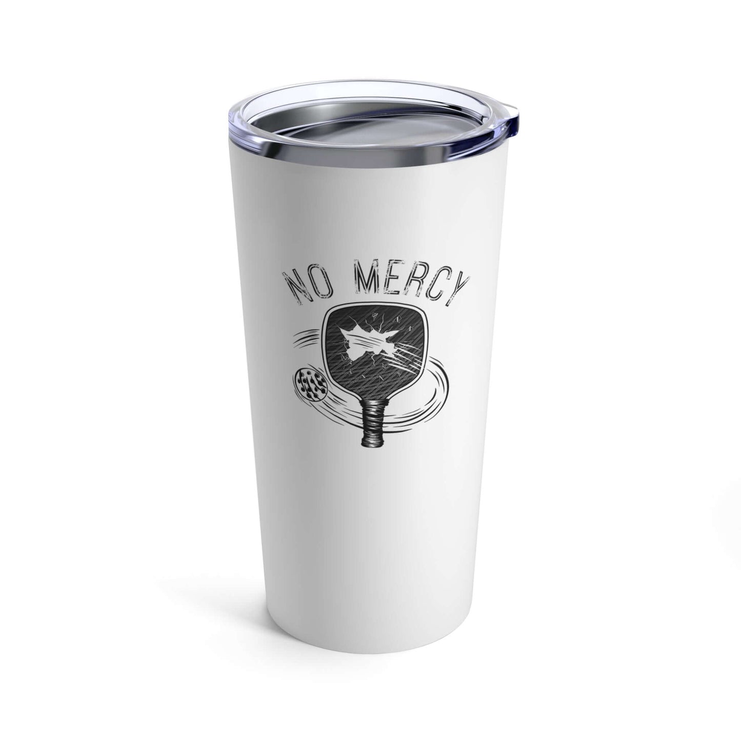 No Mercy Pickleball Series 20oz Tumbler with pickleball paddle design, stainless steel, double-wall insulation for hot or cold drinks.