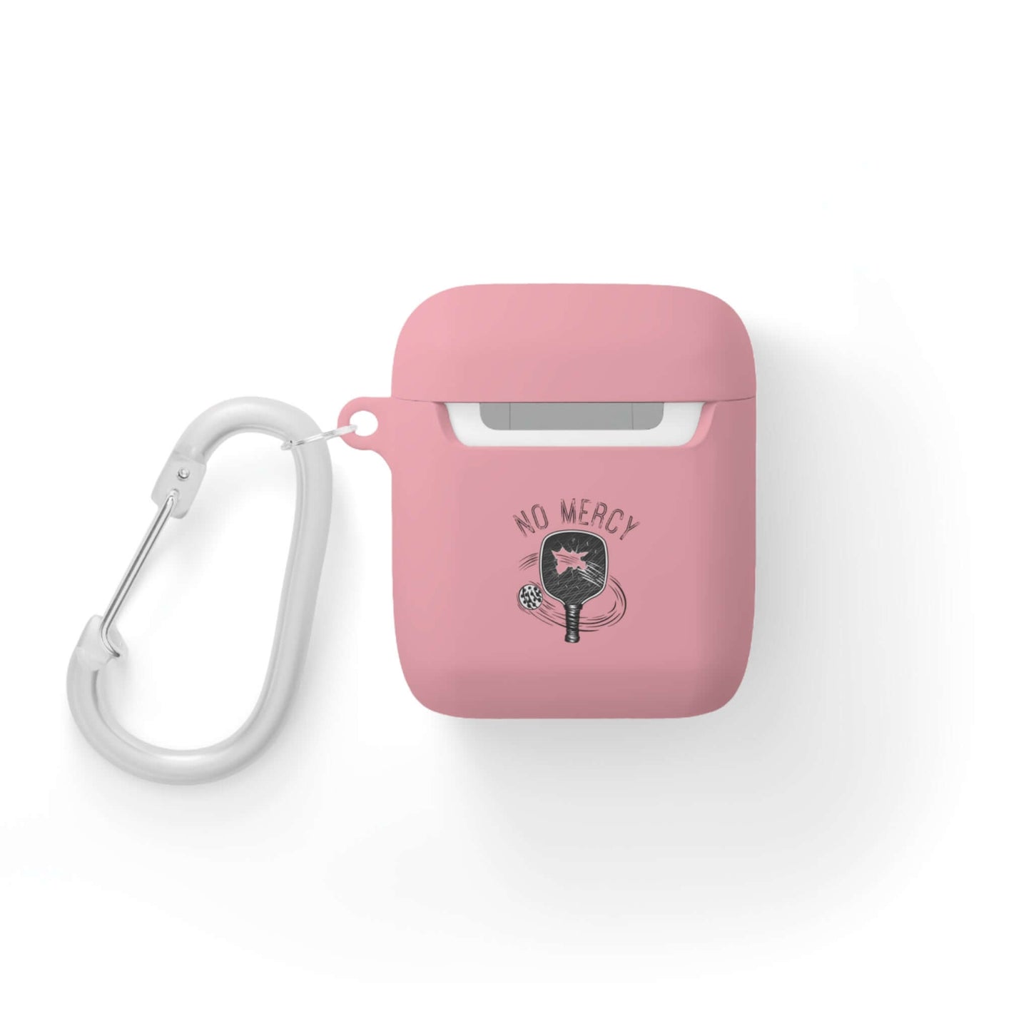 Pink No Mercy Pickleball Series AirPods case cover with carabiner, offering protection and style for high-energy sports enthusiasts.