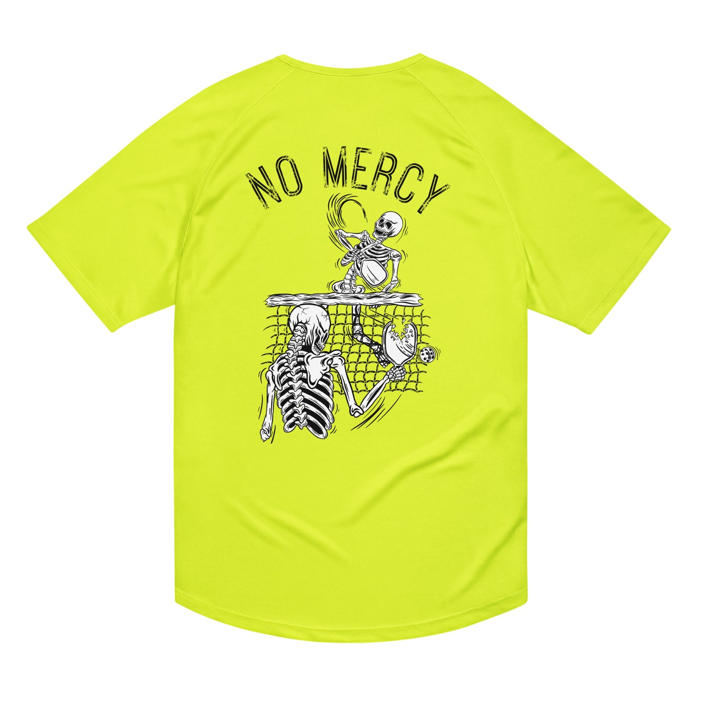 No Mercy Pickleball black performance t-shirt featuring skeletons in action on the court.